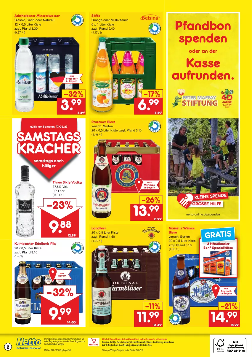 Aktueller Prospekt Netto Marken-Discount - Getränkemarkt in deiner Nähe - von 15.03.2021 bis 17.06.2023 - strona 2 - produkty: adelholzener, Alwa, angebot, bestpreis, bier, Biere, eis, elle, gin, hacker pschorr, händlmaier, Holz, kracher, leine, mais, mineralwasser, natur, ndk, oder radler, orange, Paula, paulaner, pils, radler, reis, rel, säfte, senf, Spezi, Three Sixty, Ti, vita, vodka, wasser, ZTE