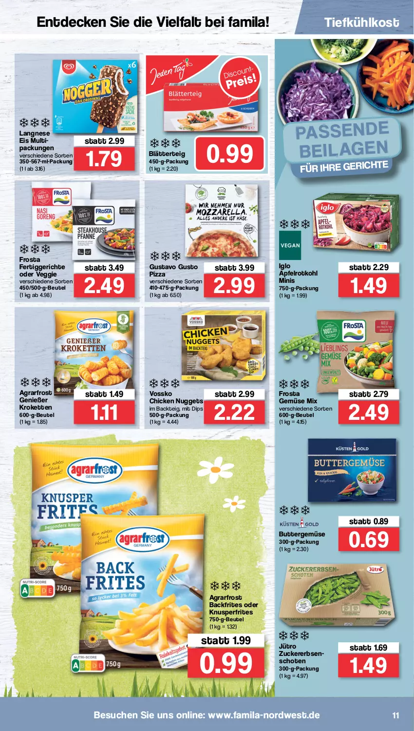 Aktueller Prospekt Famila - Prospekte - von 11.04 bis 16.04.2022 - strona 11 - produkty: agrarfrost, apfel, beutel, blätterteig, butter, chicken nuggets, decke, dip, eis, erbsen, fertiggericht, fertiggerichte, frosta, Gemüse Mix, iglo, Kette, Kroketten, langnese, langnese eis, nuggets, pizza, rotkohl, Ti, tiefkühlkost, veggie, vossko, zucker