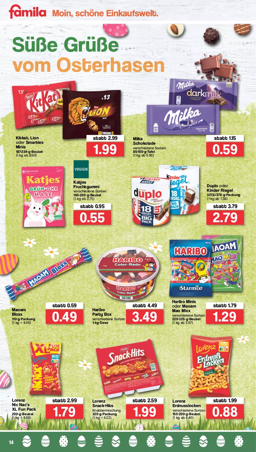 Aktueller Prospekt Famila - Prospekte - von 11.04 bis 16.04.2022 - strona 14 - produkty: beutel, discount, duplo, eis, erdnuss, frucht, fruchtgummi, haribo, katjes, Kinder, kinder riegel, kitkat, lion, lorenz, maoam, milka, milka schokolade, nuss, reis, riegel, schoko, schokolade, smarties, snack, Ti