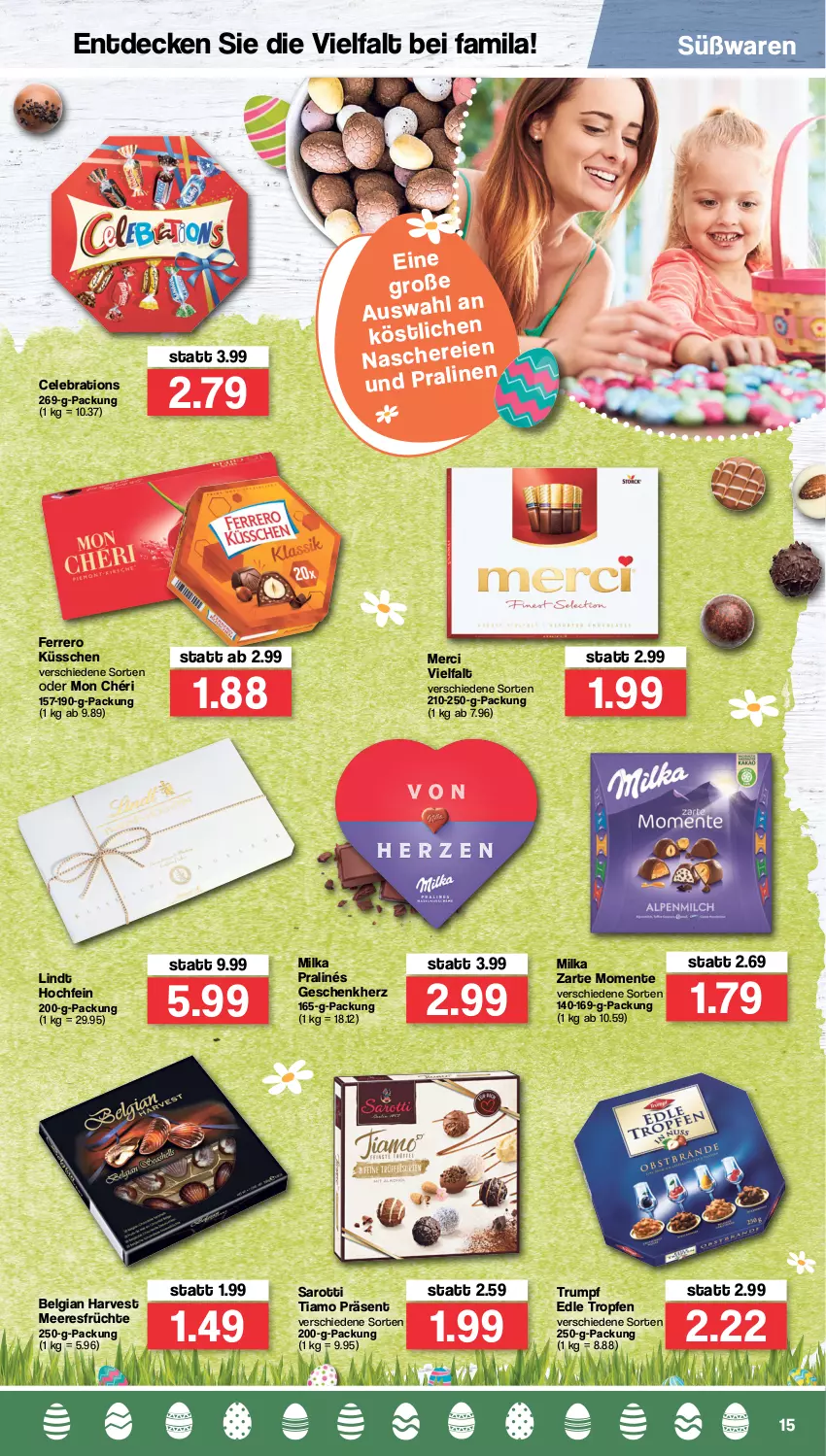 Aktueller Prospekt Famila - Prospekte - von 11.04 bis 16.04.2022 - strona 15 - produkty: decke, ente, ferrero, Ferrero Küsschen, früchte, LG, lindt, meeresfrüchte, merci, milka, Mon Chéri, regal, rum, saro, sarotti, Schere, Ti