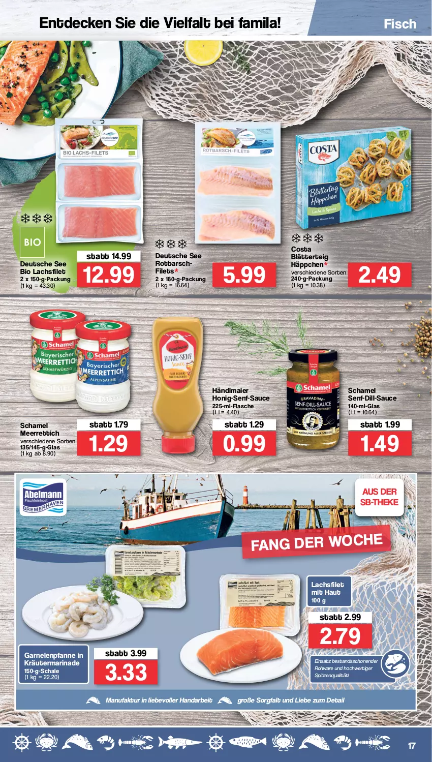 Aktueller Prospekt Famila - Prospekte - von 11.04 bis 16.04.2022 - strona 17 - produkty: bio, blätterteig, decke, Faktu, filet, filets, fisch, flasche, garnelen, händlmaier, honig, Honig-Senf, kräuter, lachs, lachsfilet, marinade, meerrettich, pfanne, Rettich, Rotbarsch, rotbarschfilet, sauce, Schal, Schale, schamel, senf, spitzenqualität, Ti