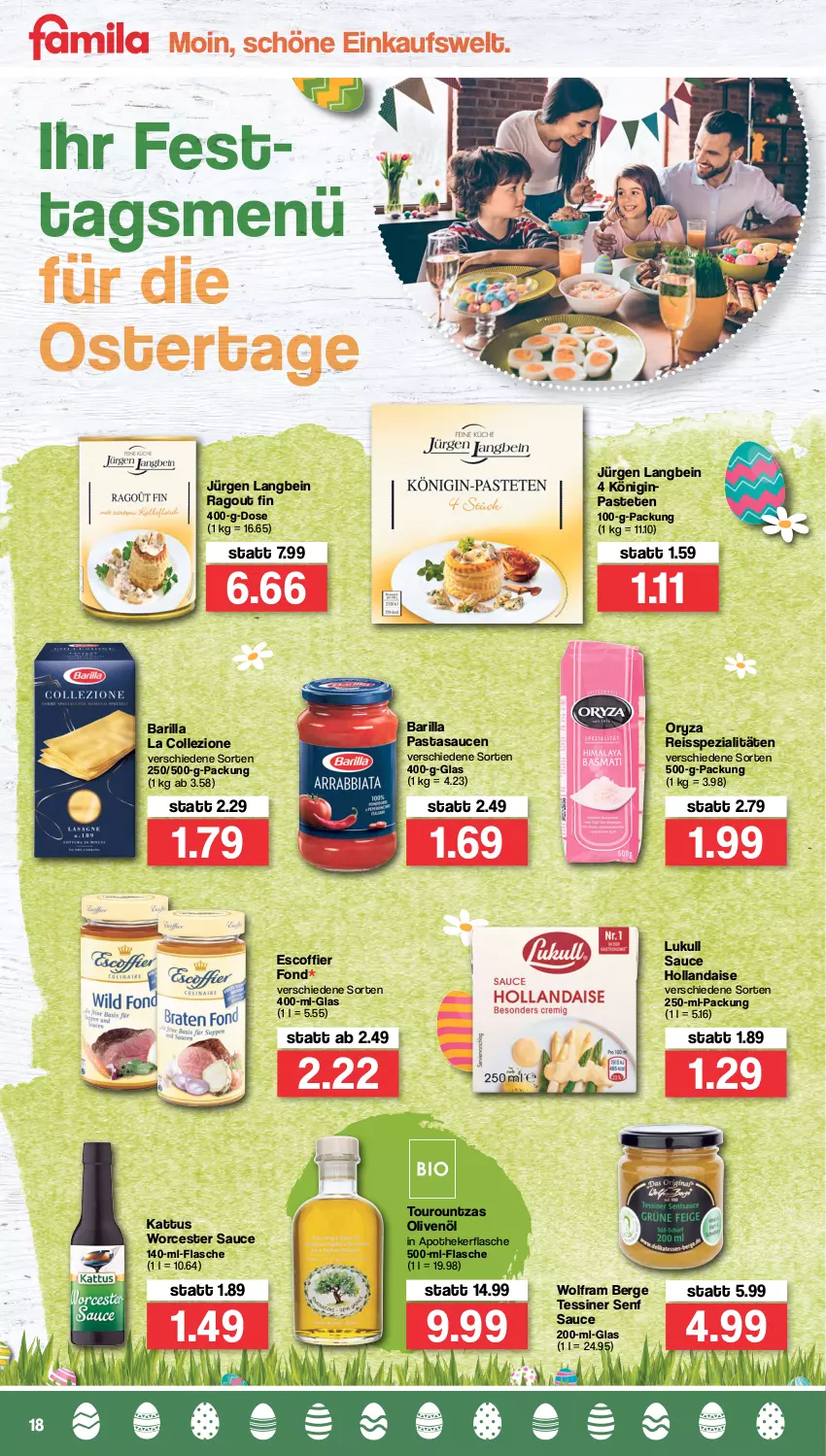 Aktueller Prospekt Famila - Prospekte - von 11.04 bis 16.04.2022 - strona 18 - produkty: Apotheke, barilla, discount, eis, flasche, gin, hollandaise, lukull, olive, oliven, olivenöl, oryza, pasta, pastete, Ragout, reis, reiss, sauce, sauce hollandaise, saucen, senf, Spezi, Ti