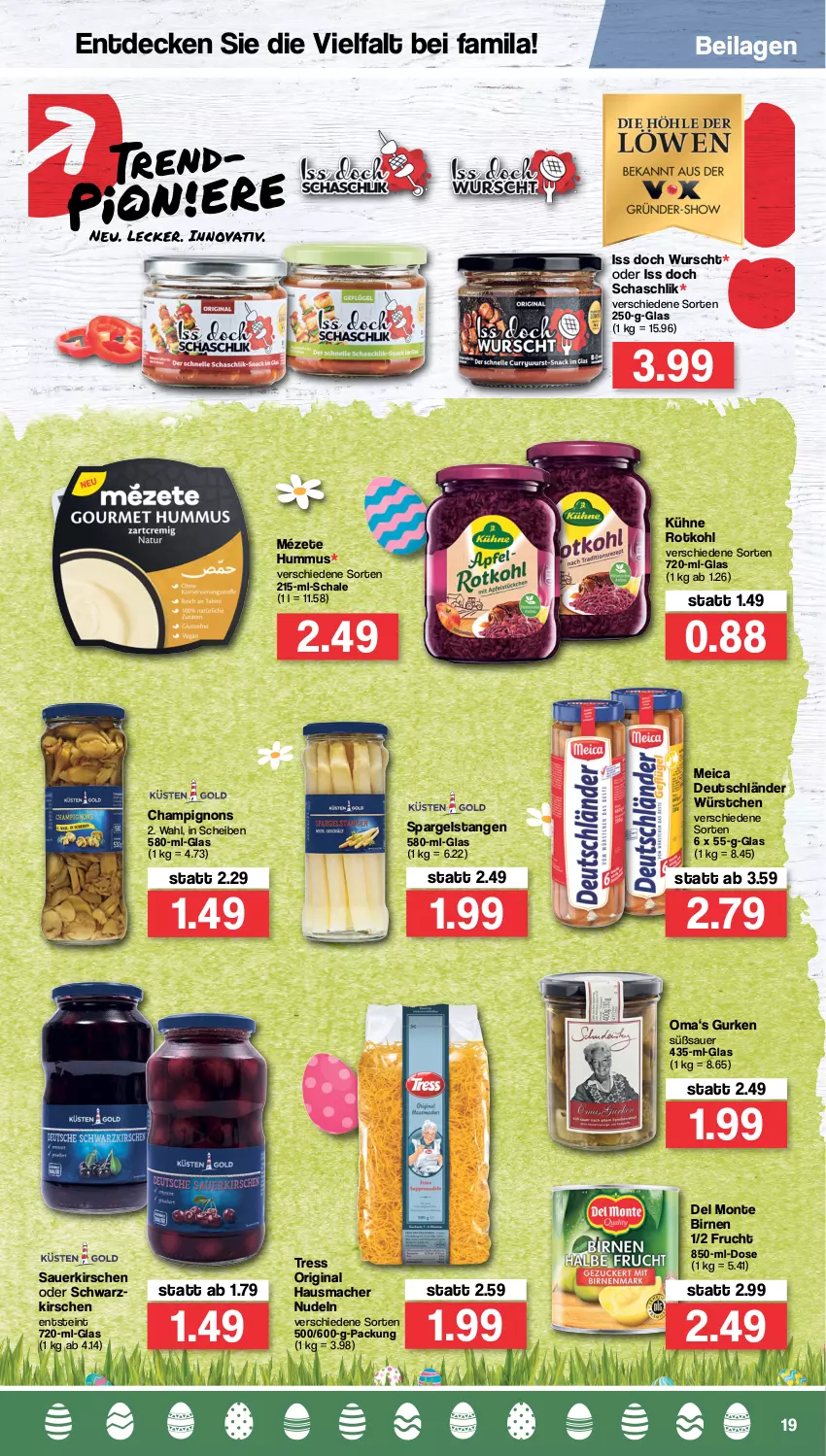 Aktueller Prospekt Famila - Prospekte - von 11.04 bis 16.04.2022 - strona 19 - produkty: auer, Birnen, champignon, champignons, decke, frucht, gin, gurke, gurken, Hausmacher, hummus, ilag, kirsch, kirsche, kirschen, Kühne, mac, meica, monte, nudel, nudeln, regal, rotkohl, sauerkirschen, Schal, Schale, spargel, würstchen