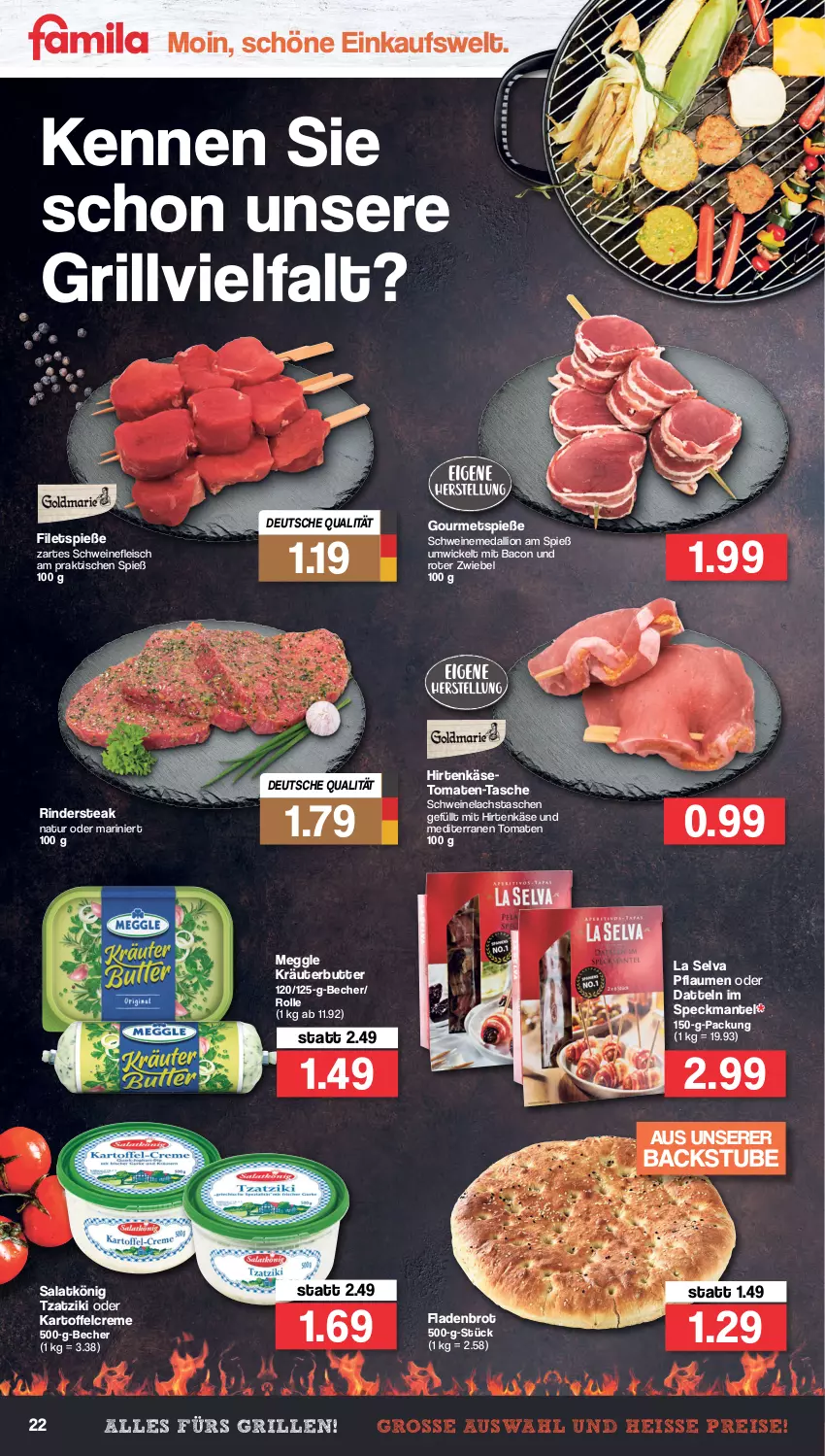 Aktueller Prospekt Famila - Prospekte - von 11.04 bis 16.04.2022 - strona 22 - produkty: bacon, Becher, brot, butter, creme, dalli, Datteln, discount, eis, filet, filets, Fladenbrot, fleisch, grill, hirtenkäse, kartoffel, Käse, kräuter, kräuterbutter, lachs, lion, Mantel, meggle, natur, pflaume, pflaumen, reis, rind, rinder, Rindersteak, salat, schwein, schweine, schweinefleisch, Schweinelachs, Speck, steak, stube, Tasche, taschen, Ti, tisch, tomate, tomaten, tzatziki, wein, weine, WICK, zwiebel