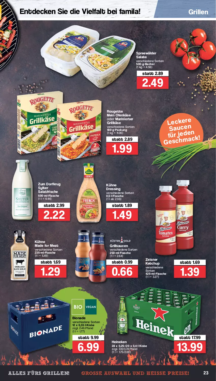 Aktueller Prospekt Famila - Prospekte - von 11.04 bis 16.04.2022 - strona 23 - produkty: Becher, bio, bionade, decke, dressing, eis, flasche, grill, Grillkäse, grillsauce, heineken, Käse, ketchup, Kühne, Ofen, Ofenkäse, regal, reis, rouge, rougette, salat, salate, sauce, saucen, spreewälder, Sylter, Zum Dorfkrug