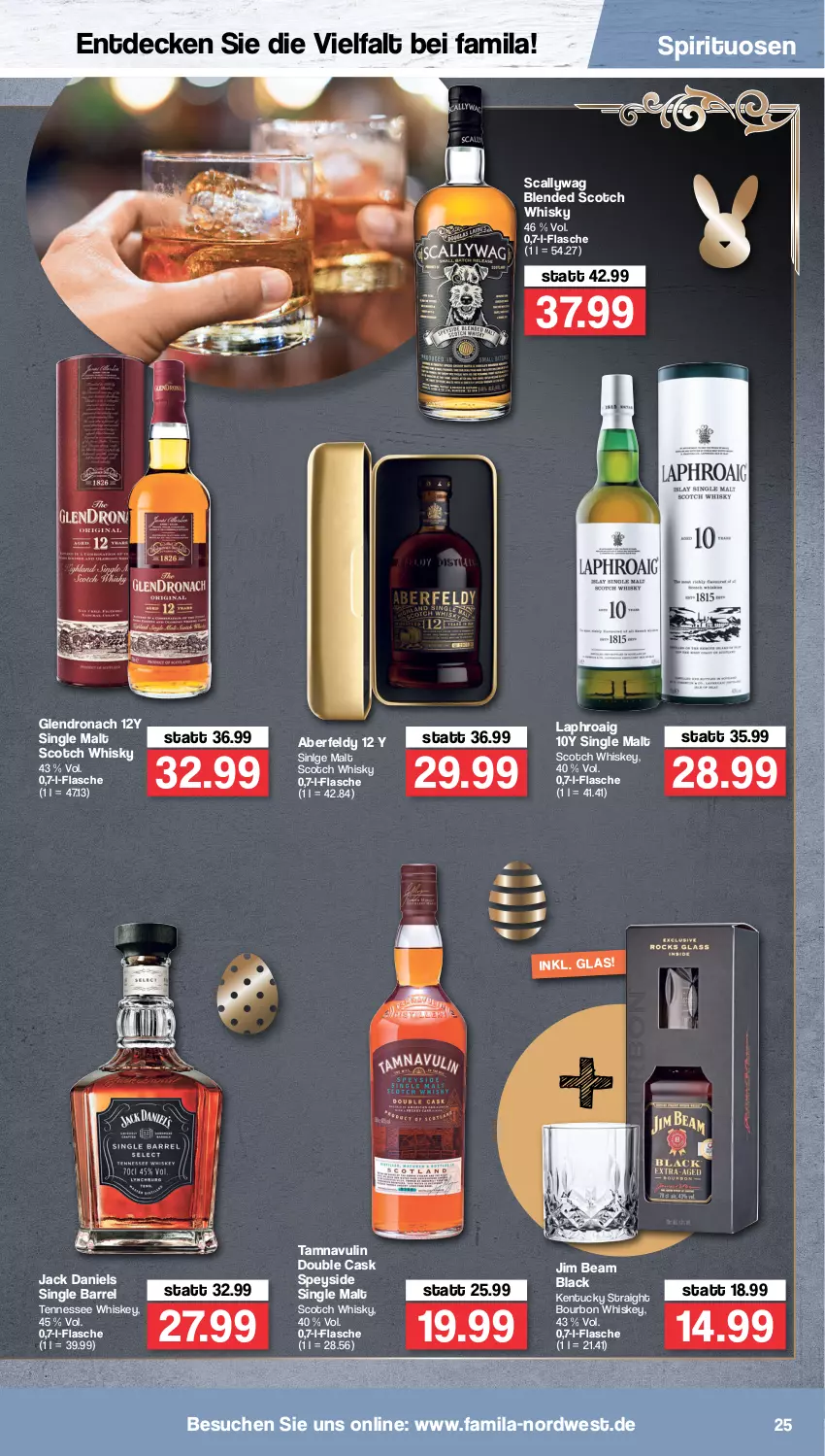 Aktueller Prospekt Famila - Prospekte - von 11.04 bis 16.04.2022 - strona 25 - produkty: blended scotch, blended scotch whisky, bourbon, bourbon whiskey, decke, flasche, jack daniel, jack daniels, jim beam, kentucky straight, lack, laphroaig, LG, rel, scotch, scotch whisky, single malt, spirituosen, tennessee whiskey, tuc, whiskey, whisky
