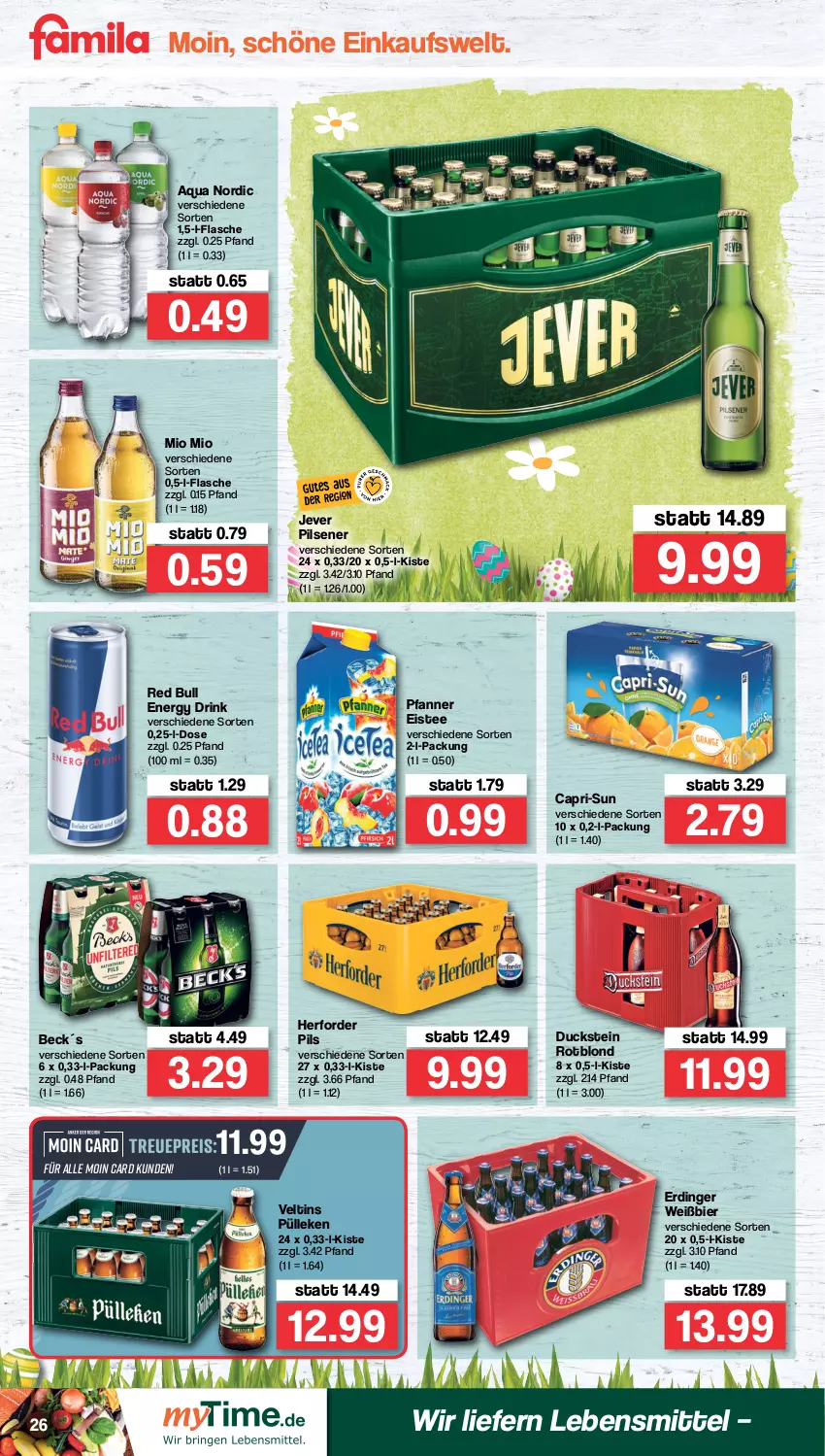 Aktueller Prospekt Famila - Prospekte - von 11.04 bis 16.04.2022 - strona 26 - produkty: aqua, bier, Cap, capri-sun, drink, Duck, eis, eistee, energy drink, erdinger, flasche, jever, jever pilsener, lebensmittel, Mio Mio, pfanne, Pfanner, pils, pilsener, red bull, reis, tee, Ti, veltins