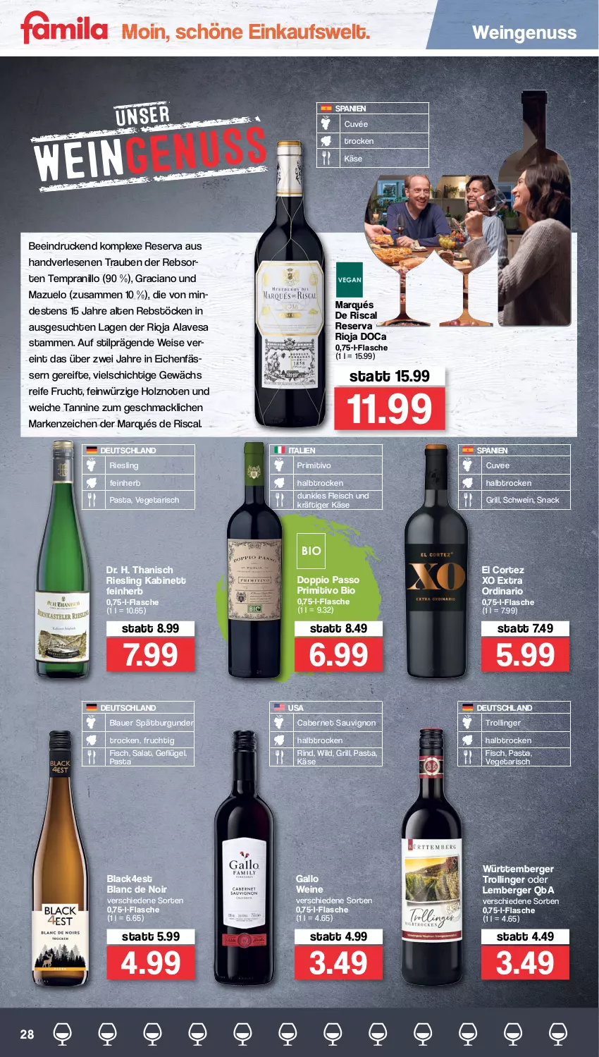 Aktueller Prospekt Famila - Prospekte - von 11.04 bis 16.04.2022 - strona 28 - produkty: auer, Berger, bio, burgunder, cabernet, cabernet sauvignon, cuvée, doppio passo, eis, fisch, flasche, fleisch, frucht, gallo, Geflügel, grill, Holz, kabinett, Käse, lack, mac, nuss, passo, pasta, primitivo, riesling, rind, rioja, salat, sauvignon, schwein, snack, spätburgunder, tempranillo, Ti, trauben, trolli, trollinger, Vegeta, wein, weine, Wild