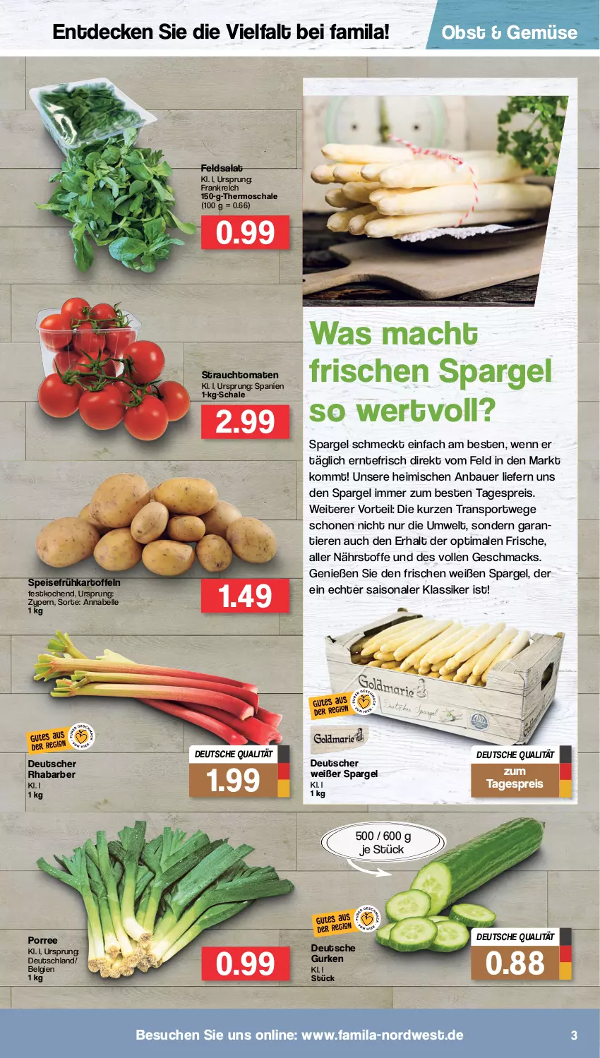 Aktueller Prospekt Famila - Prospekte - von 11.04 bis 16.04.2022 - strona 3 - produkty: auer, Bau, Bauer, decke, eis, elle, feldsalat, Frühkartoffeln, gurke, gurken, kartoffel, kartoffeln, LG, mac, obst, Rauch, reis, rhabarber, salat, Schal, Schale, spargel, speisefrühkartoffeln, Sport, strauchtomaten, Ti, Tiere, tomate, tomaten