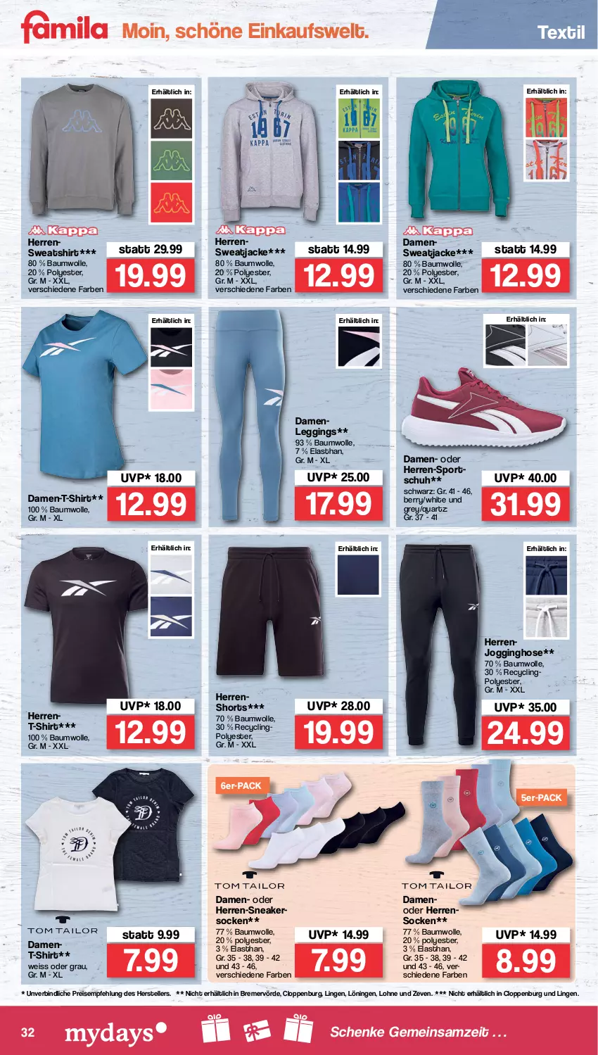 Aktueller Prospekt Famila - Prospekte - von 11.04 bis 16.04.2022 - strona 32 - produkty: Bau, baumwolle, Clin, eis, elle, gin, herren-sneaker, Herrensocken, hose, Jacke, Jogginghose, leggings, reis, shirt, shorts, sneaker, sneakersocken, socken, Sport, sweatjacke, Sweatshirt, T-Shirt, teller, Ti, wolle