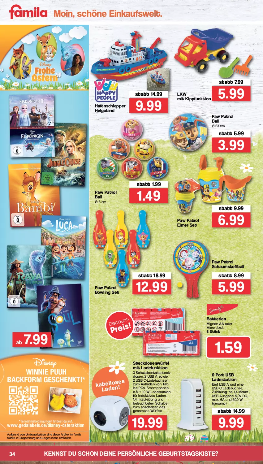 Aktueller Prospekt Famila - Prospekte - von 11.04 bis 16.04.2022 - strona 34 - produkty: Backform, ball, batterie, batterien, Bau, buch, disney, eimer, Leuchte, LG, Paw Patrol, Schal, smartphone, smartphones, steckdose, tablet, Ti, usb, würfel