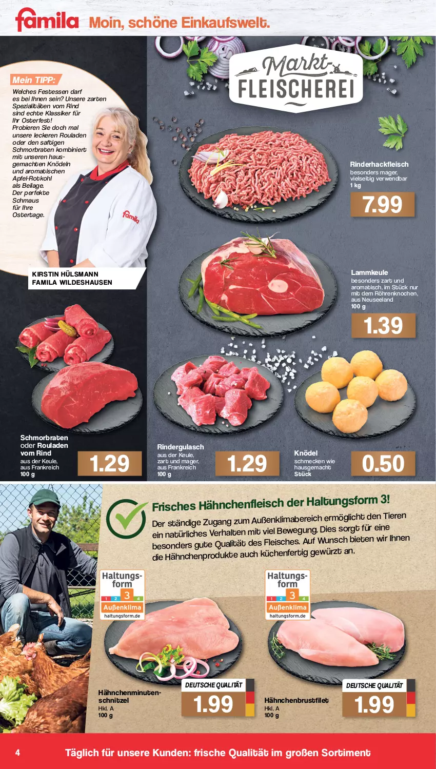 Aktueller Prospekt Famila - Prospekte - von 11.04 bis 16.04.2022 - strona 4 - produkty: apfel, bier, Biere, braten, brustfilet, eis, Elan, filet, fleisch, gewürz, gulasch, hackfleisch, hähnchenbrust, hähnchenbrustfilet, Hähnchenfleisch, ilag, Knödel, küche, Küchen, lamm, lammkeule, mac, Maus, minutenschnitzel, rind, rinder, rindergulasch, rinderhackfleisch, rotkohl, rouladen, rwe, saft, schmorbraten, schnitzel, Spezi, Ti, Tiere, tisch, Wild