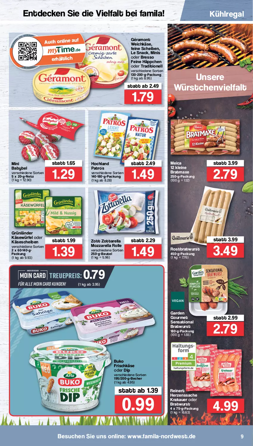 Aktueller Prospekt Famila - Prospekte - von 11.04 bis 16.04.2022 - strona 9 - produkty: auer, axe, babybel, Becher, beutel, bratmaxe, bratwurst, bresso, Buko, decke, dip, eis, frischkäse, garden gourmet, géramont, grünländer, hochland, Käse, käsescheiben, krakauer, kühlregal, leine, meica, mini babybel, mozzarella, mozzarella rolle, patros, regal, reinert, reis, rel, rostbratwurst, sac, snack, Ti, weichkäse, würfel, wurst, würstchen, zott, zottarella