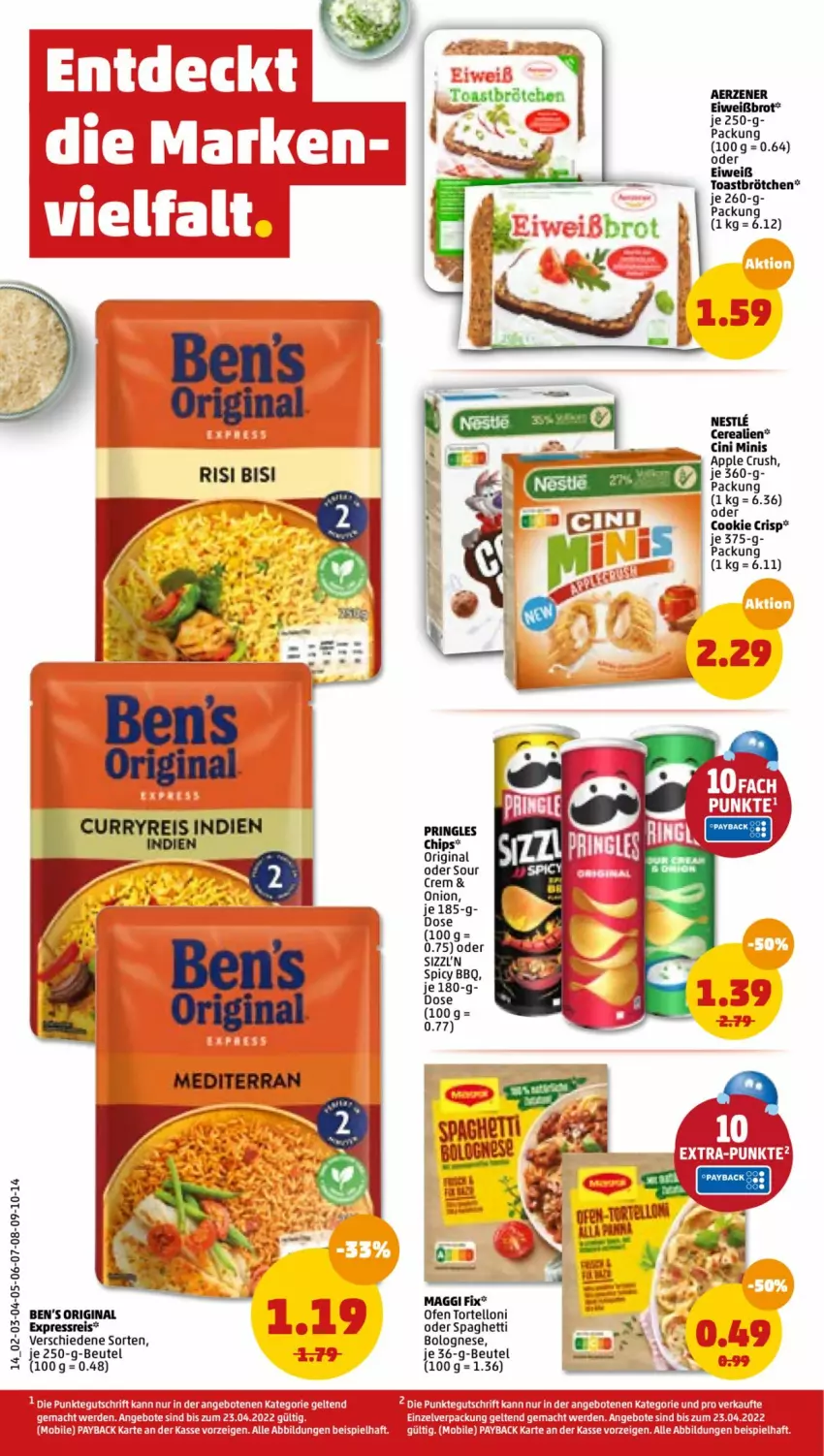 Aktueller Prospekt Penny - Prospekte - von 18.04 bis 23.04.2022 - strona 14 - produkty: angebot, angebote, Apple, beutel, bolognese, brot, brötchen, cerealien, chips, cin, cookie, eis, Eiweißbrot, gin, hella, maggi, maggi fix, Ofen, payback, pringles, reis, ring, spaghetti, tee, Ti, toast, torte, tortelloni