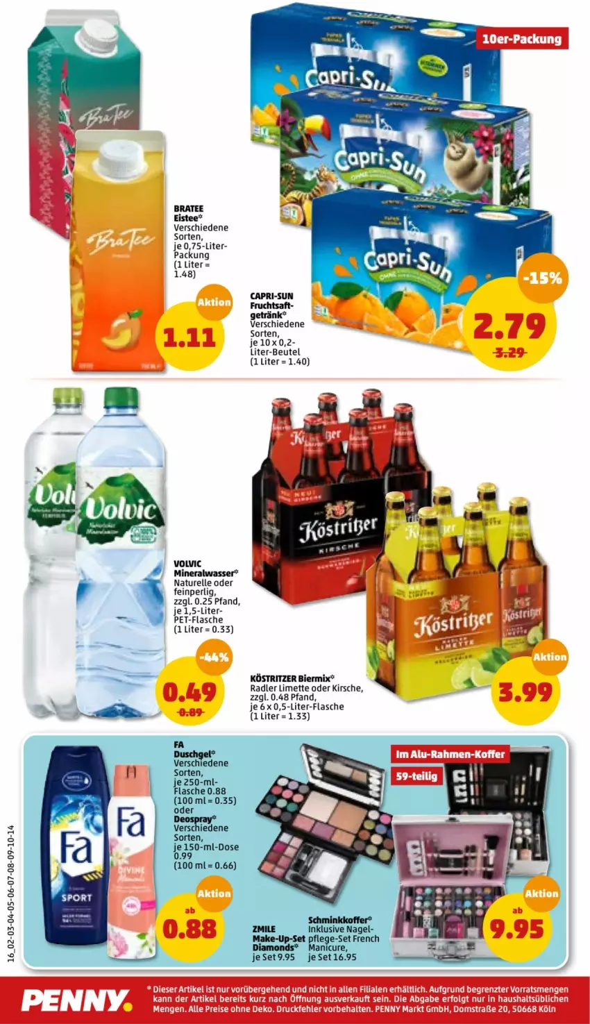 Aktueller Prospekt Penny - Prospekte - von 18.04 bis 23.04.2022 - strona 16 - produkty: Alwa, beutel, bier, BraTee, Cap, capri-sun, duschgel, eis, eistee, elle, fa duschgel, flasche, frucht, fruchtsaft, getränk, kirsch, kirsche, köstritzer, limette, Make-up, Mett, mineralwasser, natur, pet-flasche, radler, rel, saft, tee, volvic, wasser