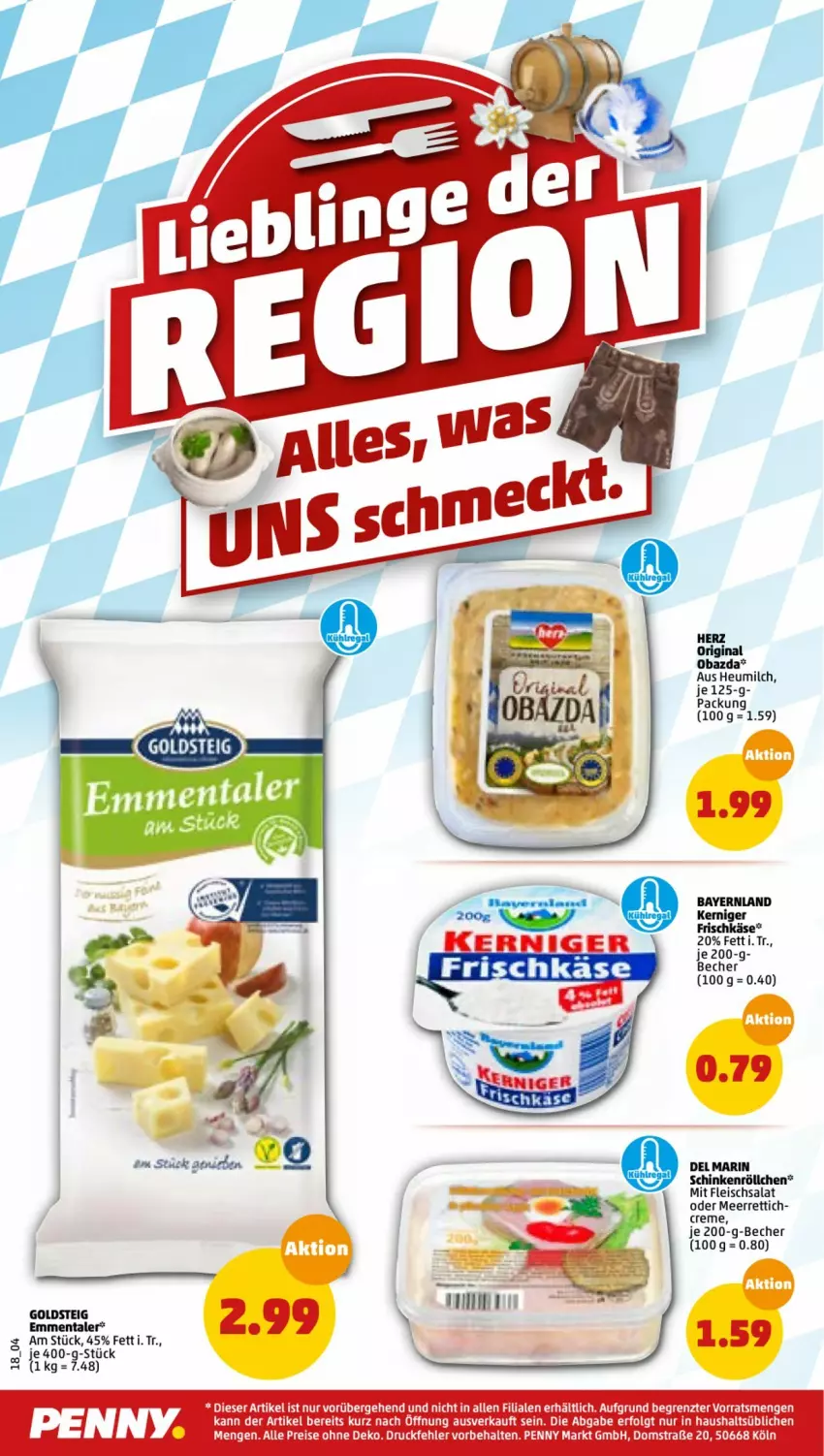 Aktueller Prospekt Penny - Prospekte - von 18.04 bis 23.04.2022 - strona 18 - produkty: Becher, creme, eis, emmentaler, fleisch, fleischsalat, frischkäse, gin, goldsteig, Heu, heumilch, Käse, LG, meerrettich, milch, obazda, reis, Rettich, salat, schinken, Ti, ZTE