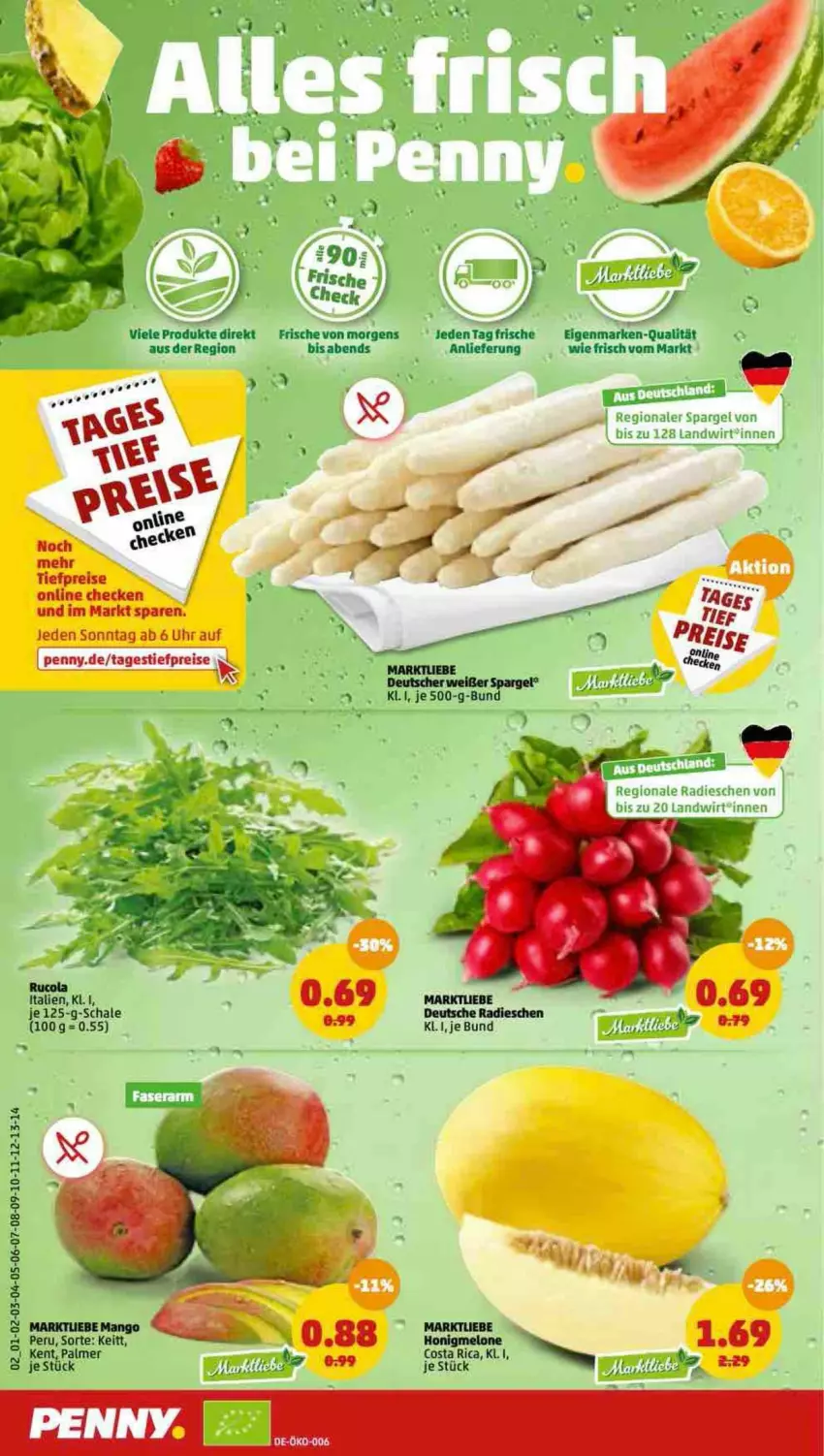 Aktueller Prospekt Penny - Prospekte - von 18.04 bis 23.04.2022 - strona 2 - produkty: cola, eis, honig, honigmelone, mango, melone, radieschen, reis, rucola, Schal, Schale, Ti, tiefpreis, uhr