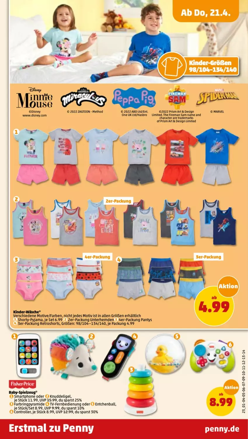 Aktueller Prospekt Penny - Prospekte - von 18.04 bis 23.04.2022 - strona 23 - produkty: ball, disney, fernbedienung, Hasbro, hemd, hemden, Kinder, panty, Pyjama, retroshorts, ring, Roller, shorts, shorty, shorty-pyjama, smartphone, spielzeug, Ti, Unterhemd, unterhemden