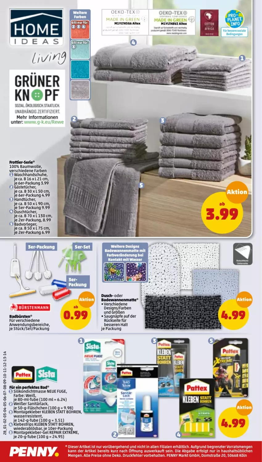 Aktueller Prospekt Penny - Prospekte - von 18.04 bis 23.04.2022 - strona 28 - produkty: Bad, Badewanne, Bau, baumwolle, bürste, bürsten, Gästetücher, handschuhe, handtücher, kleber, lack, schuhe, Ti, tücher, Wanne, waschhandschuh, wasser, wolle