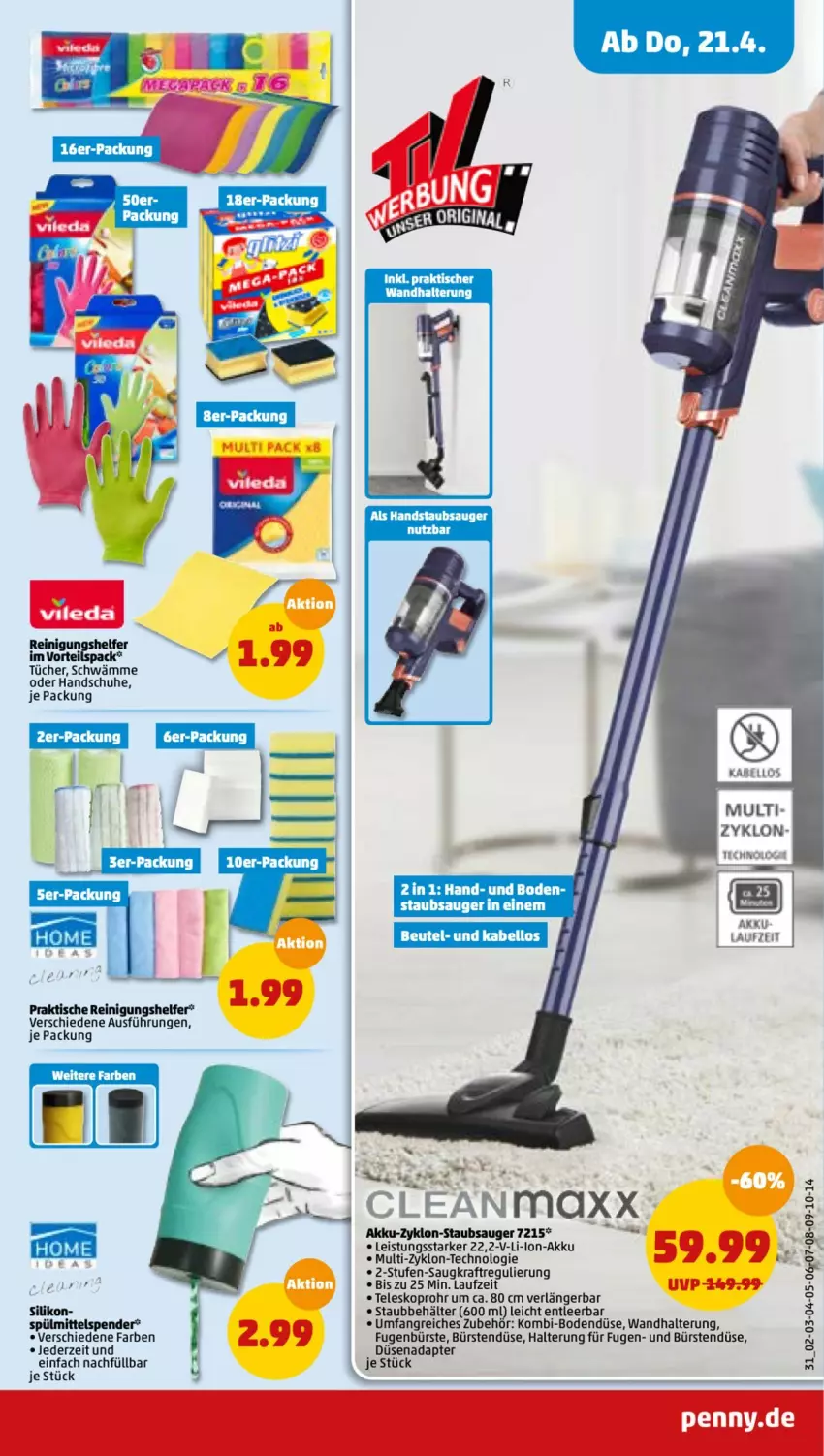 Aktueller Prospekt Penny - Prospekte - von 18.04 bis 23.04.2022 - strona 31 - produkty: adapter, akku, Behälter, beutel, bürste, bürsten, eis, Fugenbürste, handschuhe, handstaubsauger, kraft, li-ion-akku, Reinigung, schuhe, spülmittel, staubsauger, Teleskop, Ti, tisch, tücher, wandhalterung