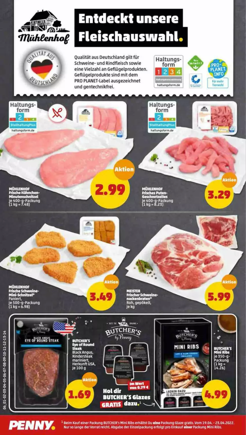 Aktueller Prospekt Penny - Prospekte - von 18.04 bis 23.04.2022 - strona 6 - produkty: eis, ente, fleisch, Frische Hähnchen, Geflügel, geflügelprodukte sind mit dem, hella, lack, LG, minutenschnitzel, rind, rinder, Rindersteak, rindfleisch, schnitzel, schwein, schweine, steak, tee, Ti, timer, wein, weine