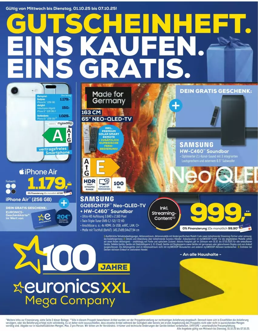 Aktueller Prospekt Euronics - Prospekte - von 01.10 bis 07.10.2025 - strona 1 - produkty: bett, dvb, eis, gutschein, iphone, lautsprecher, qled, qled-tv, soundbar, Subwoofer, Ti, tuner, usb