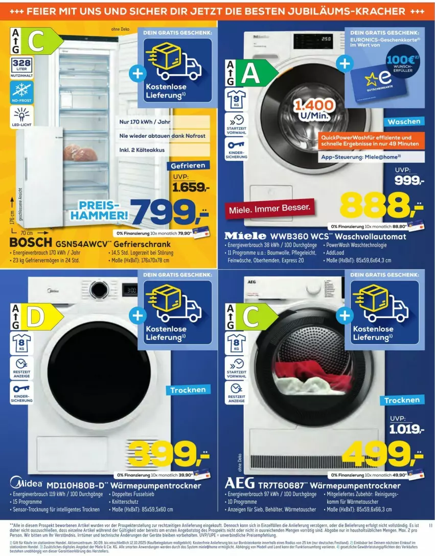 Aktueller Prospekt Euronics - Prospekte - von 01.10 bis 07.10.2025 - strona 11 - produkty: aeg, akku, auto, Behälter, bett, bio, bosch, eier, elle, ente, gefrierschrank, hemd, hemden, Jubiläums, kracher, led-licht, LG, miele, Rauch, Schrank, tee, waschvollautomat, wolle