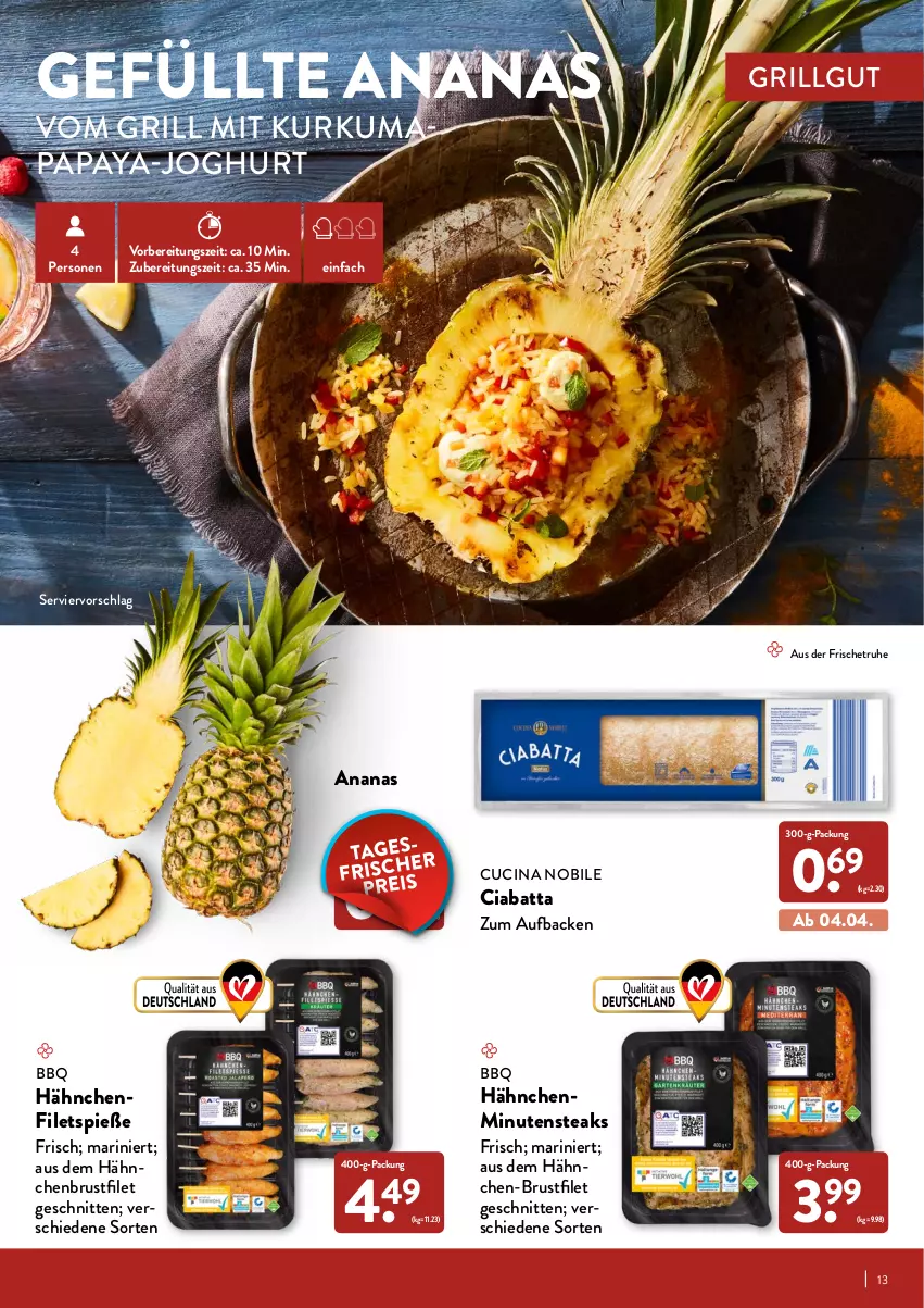 Aktueller Prospekt Aldi Nord - Aldi-Grillen - von 24.03 bis 30.04.2022 - strona 13 - produkty: ananas, brustfilet, ciabatta, cin, eis, filet, filets, grill, hähnchen-brustfilet, hähnchenbrust, hähnchenbrustfilet, joghur, joghurt, LG, minutensteaks, Papaya, reis, schnitten, steak, steaks