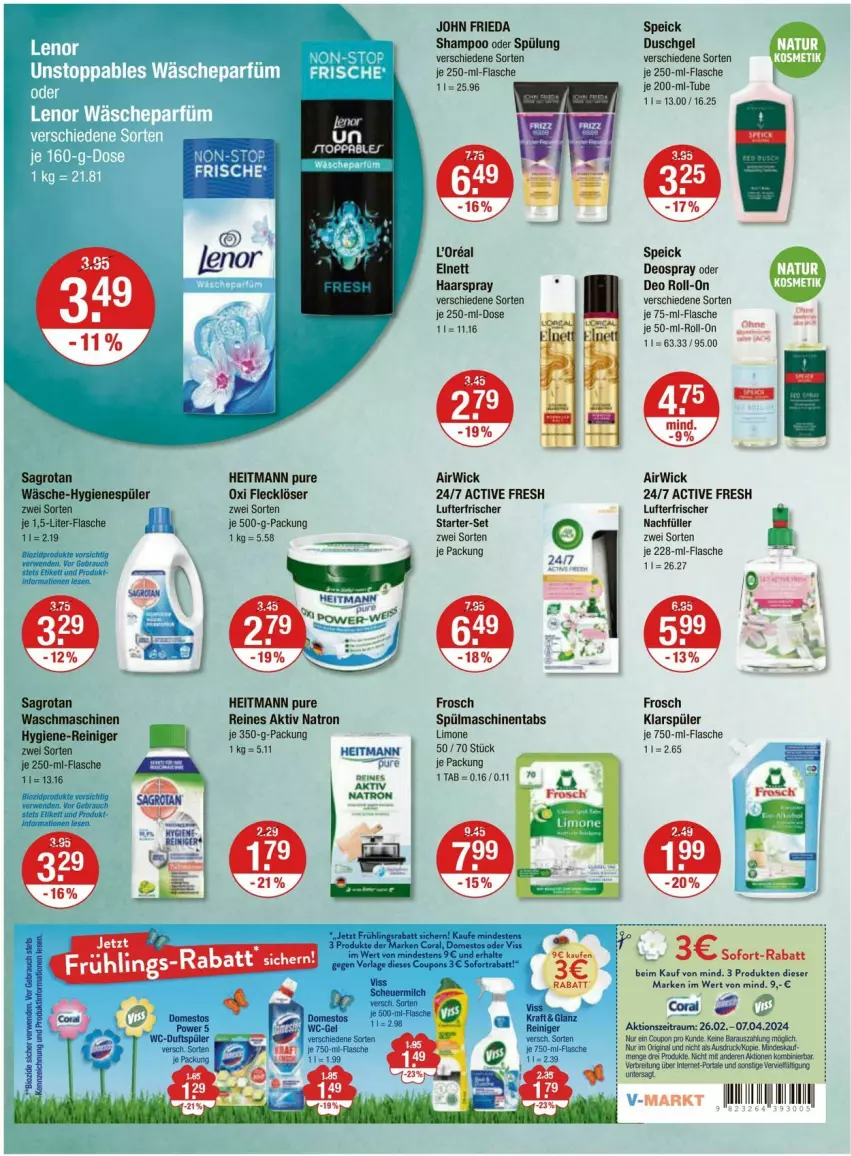 Aktueller Prospekt Vmarkt - Prospekte - von 07.03 bis 13.03.2024 - strona 10 - produkty: airwick, bio, biozidprodukte, coupon, coupons, deo, deo roll-on, deospray, duschgel, flasche, Frosch, gin, haarspray, heitmann, hygiene-reiniger, hygienespüler, klarspüler, limo, lufterfrischer, oder deo roll-on, Rauch, reiniger, rel, roll-on, rwe, sagrotan, shampoo, shampoo oder spülung, sofort-rabatt, sofortrabatt, Speick, spülmaschinen, spülmaschinentabs, spülung, Ti, waschmaschine, waschmaschinen, WICK