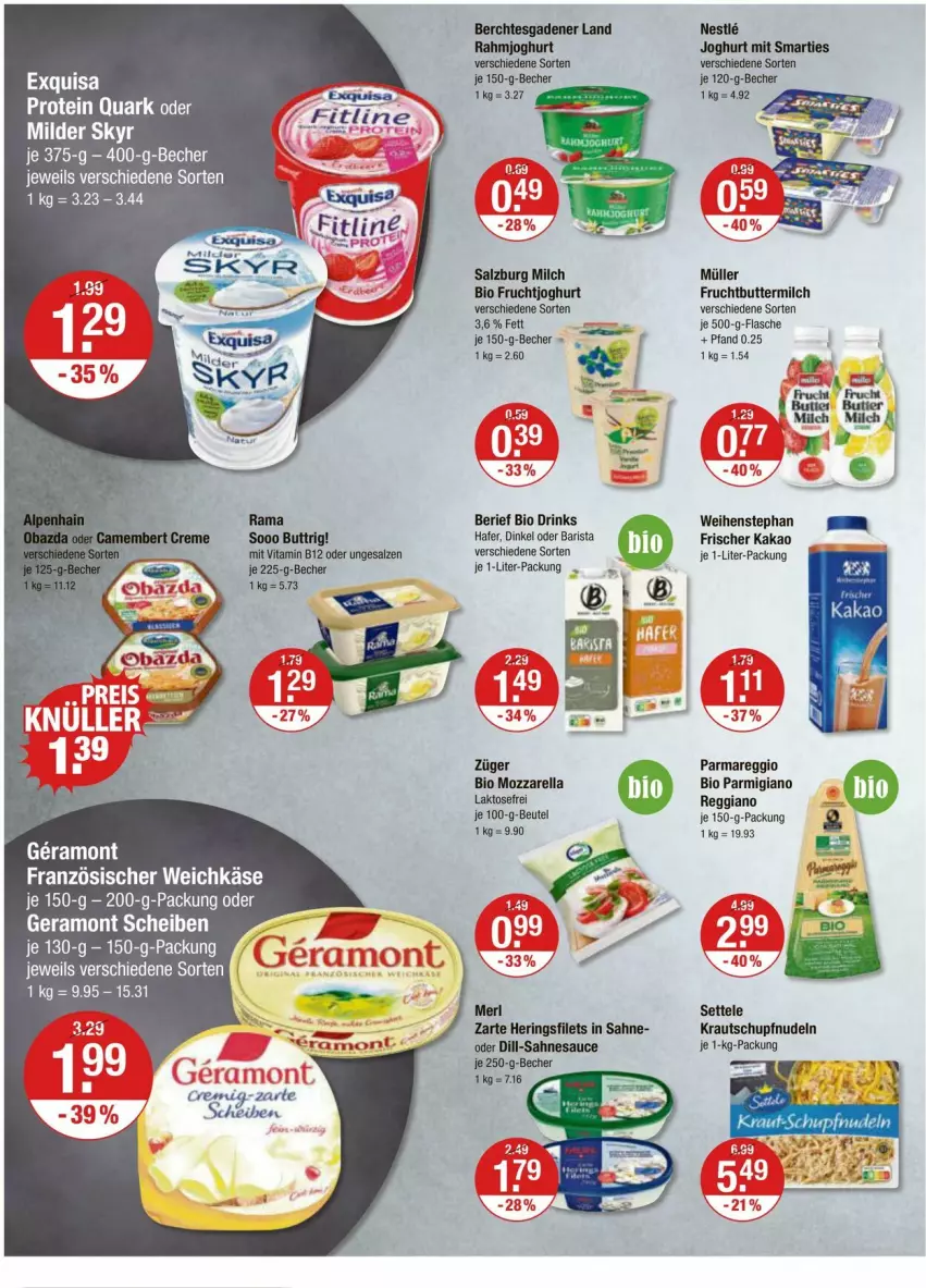 Aktueller Prospekt Vmarkt - Prospekte - von 07.03 bis 13.03.2024 - strona 6 - produkty: Becher, beutel, bio, butter, buttermilch, drink, drinks, eier, exquisa, filet, filets, flasche, französischer weichkäse, frucht, fruchtjoghurt, hafer, hering, Herings, heringsfilets, joghur, joghurt, kakao, Käse, Kraut, merl, milch, mozzarella, Müller, nudel, nudeln, parmigiano, parmigiano reggiano, quark, rahmjoghurt, rama, reggiano, rel, ring, sahne, salz, sauce, settele, smarties, tee, Ti, torte, vita, Vitamin B, weichkäse, weihenstephan