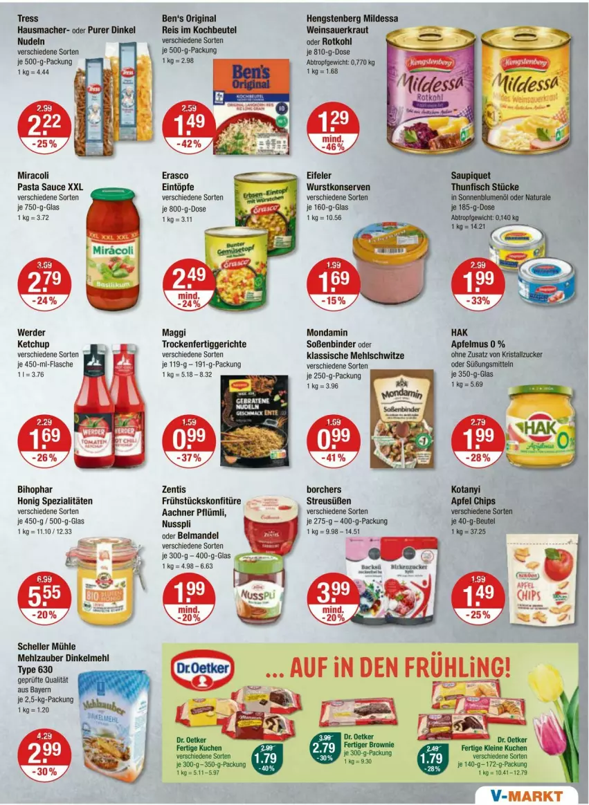 Aktueller Prospekt Vmarkt - Prospekte - von 07.03 bis 13.03.2024 - strona 7 - produkty: apfel, apfelmus, auer, Belmandel, beutel, bihophar, blume, blumen, blumenöl, dinkelmehl, eintöpfe, eis, elle, erasco, erde, fertiggericht, fertiggerichte, fisch, flasche, gin, Hausmacher, hengstenberg, honig, je 250-g-packung, ketchup, kochbeutel, konfitüre, Konserven, Kraut, mac, maggi, mandel, mehl, miracoli, mondamin, natur, natura, nudel, nudeln, nuss, nusspli, pasta, Pasta Sauce, reis, rotkohl, sauce, Sauerkraut, saupiquet, sonnenblume, sonnenblumen, sonnenblumenöl, Soße, Spezi, thunfisch, Ti, wein, Weinsauerkraut, wurst, wurstkonserven, zentis, zucker