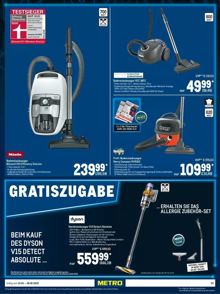 Aktueller Prospekt Metro - Technik Spezial - von 13.01 bis 26.01.2022 - strona 23 - produkty: akku, auer, auto, Behälter, beutel, Blizzard, bodenstaubsauger, Cien, Dyson, edelstahl, eis, elle, ente, erde, handstaubsauger, Intel, kraft, lachs, LG, mac, menalux, Metro, natur, natura, Reinigung, reis, schlauch, sonderposten, staubbeutel, staubsauger, teller, Ti, tisch, wandhalterung