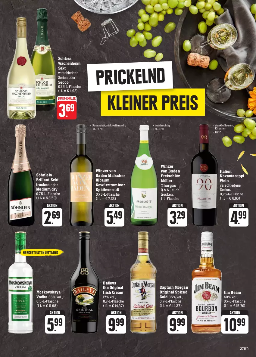 Aktueller Prospekt E Center - Angebote der Woche - von 25.09 bis 30.09.2023 - strona 27 - produkty: Bad, baileys, Bau, beere, beeren, brillant sekt, Cap, captain morgan, ecco, eis, flasche, frucht, gewürz, gin, irish cream, jim beam, kirsch, kirsche, kirschen, leine, moskovskaya, Müller, original spiced gold, reis, rosen, sekt, söhnlein, söhnlein brillant, super-knüller, Ti, vodka, wein