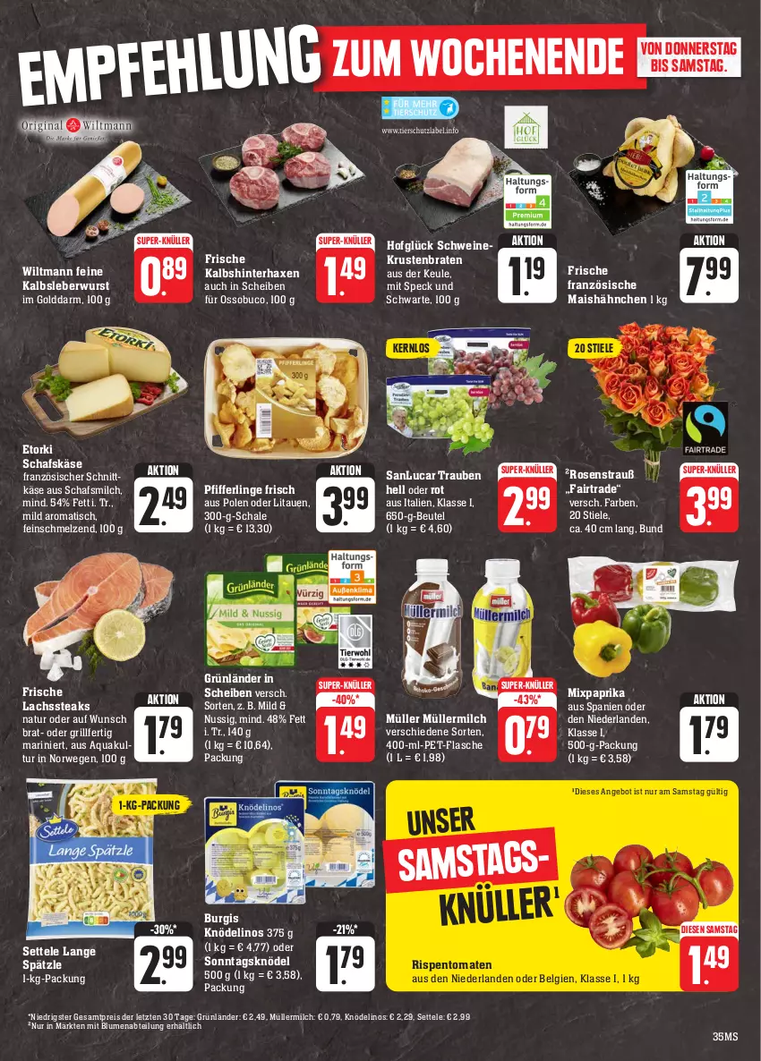 Aktueller Prospekt E Center - Angebote der Woche - von 25.09 bis 30.09.2023 - strona 35 - produkty: Abtei, angebot, aqua, axe, beutel, blume, blumen, braten, eis, flasche, grill, grünländer, Haxe, Kalbsleber, Kalbsleberwurst, Käse, Knödel, krustenbraten, lachs, leberwurst, LG, mais, milch, Müller, müllermilch, natur, nuss, paprika, pet-flasche, Pfifferlinge, reis, rispentomaten, rosen, Rosenstrauß, rwe, schafskäse, Schal, Schale, schnittkäse, schwein, schweine, settele, Speck, steak, steaks, super-knüller, Ti, tisch, tomate, tomaten, trauben, wein, weine, wiltmann, wurst, ZTE