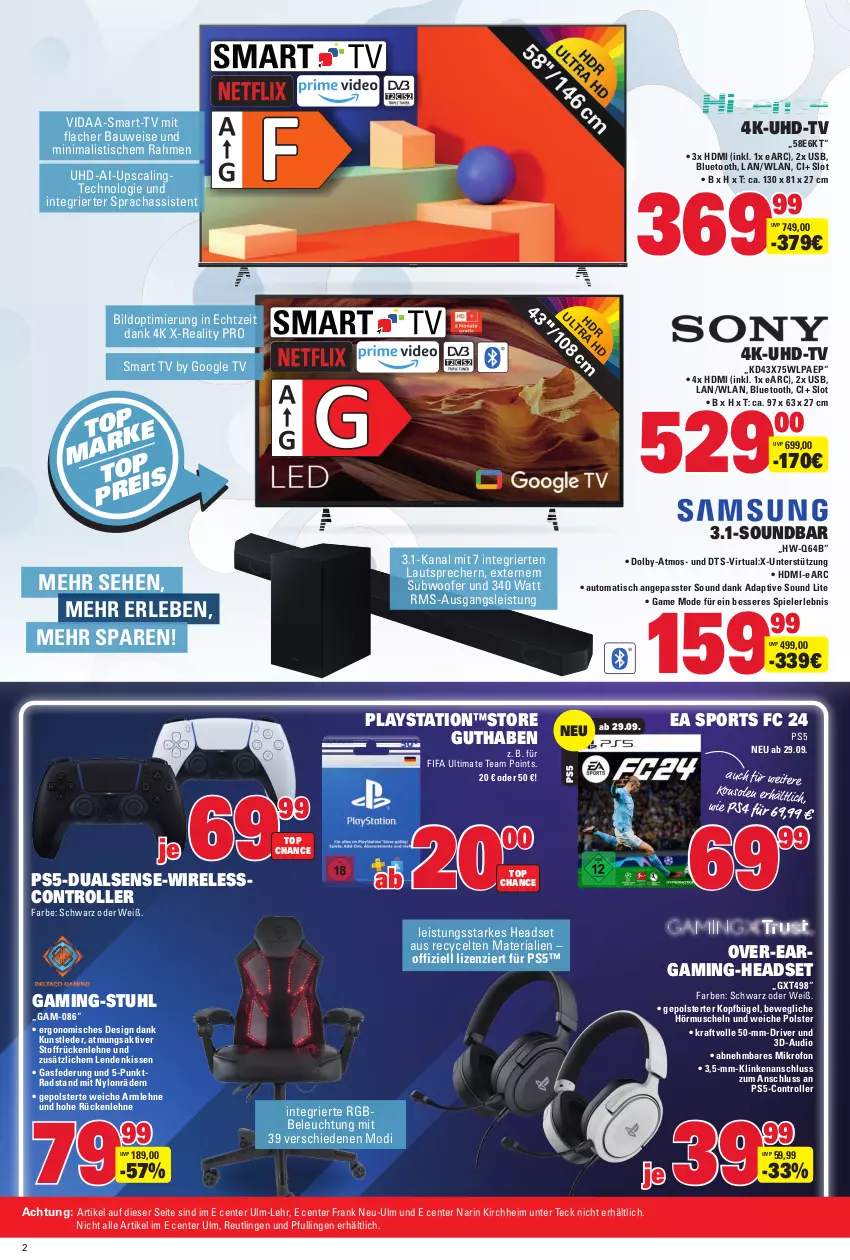 Aktueller Prospekt E Center - Angebote der Woche - von 25.09 bis 30.09.2023 - strona 40 - produkty: auto, Bau, beleuchtung, bügel, eis, ente, gaming-headset, HDMI, Headset, kissen, kraft, lautsprecher, lays, Mode, Muscheln, PlayStation, ps4, rel, Ria, Roller, rückenlehne, smart tv, soundbar, Spiele, Sport, stuhl, Subwoofer, Ti, tisch, uhd, UHD-TV, usb