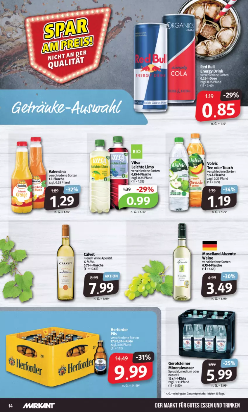 Aktueller Prospekt Markant - Prospekte - von 15.05 bis 20.05.2023 - strona 14 - produkty: Alwa, aperitif, eis, ente, flasche, gerolsteine, gerolsteiner, limo, mineralwasser, moselland, natur, reis, rel, Sprudel, steiner, tee, Ti, valensina, volvic, wasser, wein, weine, ZTE