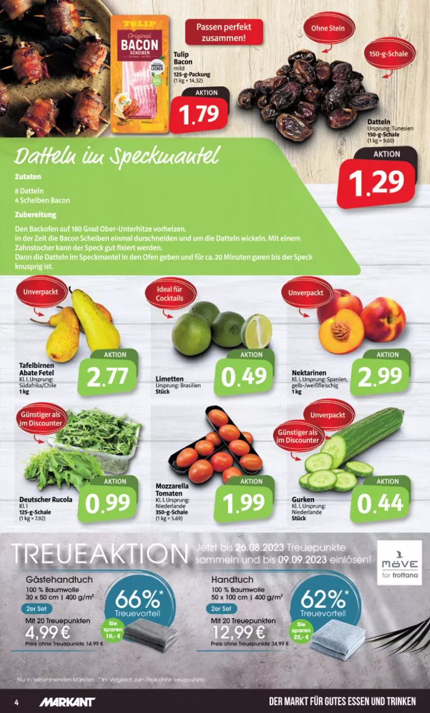 Aktueller Prospekt Markant - Prospekte - von 15.05 bis 20.05.2023 - strona 4 - produkty: bacon, Bau, baumwolle, Birnen, cola, discount, eis, fleisch, gurke, gurken, handtuch, limette, limetten, Mett, metten, mozzarella, Nektar, nektarinen, rel, rucola, Schal, Schale, tafelbirnen, Ti, tomate, tomaten, tuc, tulip, wolle