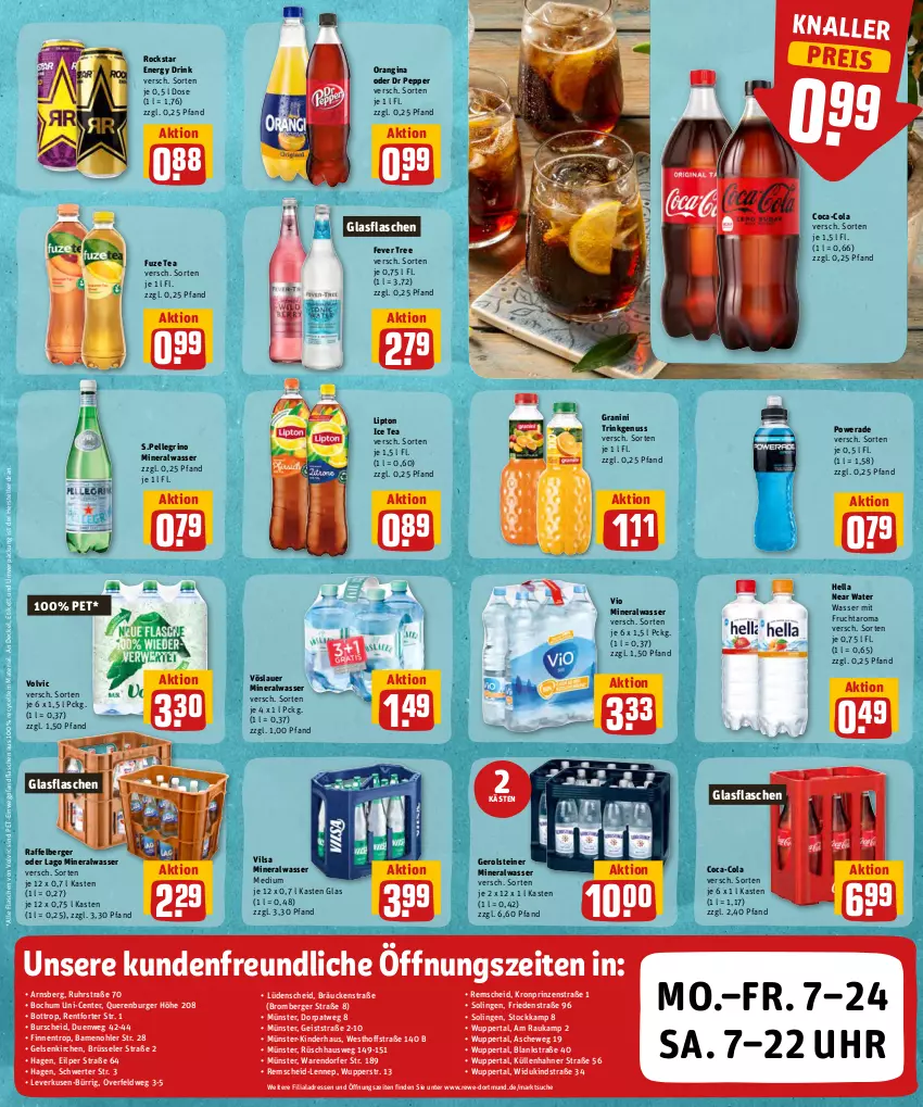 Aktueller Prospekt Rewe - REWE Ihr Kaufpark - von 30.05 bis 04.06.2022 - strona 20 - produkty: Alwa, auer, Berger, burger, coca-cola, cola, decke, Deckel, drink, eis, elle, energy drink, ente, flasche, frucht, fuze tea, gerolsteine, gerolsteiner, gin, glasflasche, granini, hella, ice tea, Kinder, lipton, lipton ice tea, mineralwasser, Mineralwasser Medium, mit frucht, nuss, orangina, reis, Ria, Rockstar, steiner, teller, Ti, uhr, vilsa, volvic, vöslauer, wasser