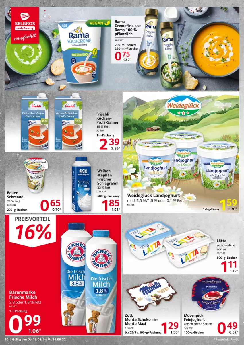 Aktueller Prospekt Selgros - Food - von 18.08 bis 24.08.2022 - strona 10 - produkty: auer, bärenmarke, Bau, Bauer, Becher, creme, eimer, eis, feinjoghurt, frischli, joghur, joghurt, kirsch, kirsche, küche, Küchen, landjoghurt, lätta, LG, monte, mövenpick, preisvorteil, rama, rama cremefine, reis, sahne, schlagrahm, schmand, schoko, zott