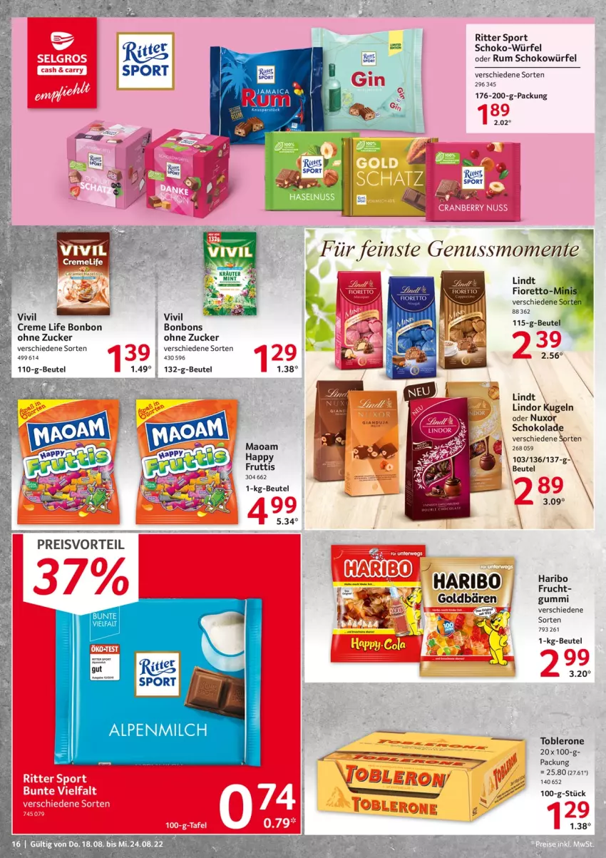 Aktueller Prospekt Selgros - Food - von 18.08 bis 24.08.2022 - strona 16 - produkty: beutel, bonbons, creme, frucht, goldbären, haribo, Kugel, lindor, lindt, maoam, ritter, ritter sport, rum, schoko, schokolade, schokowürfel, Sport, Ti, toblerone, würfel, zucker