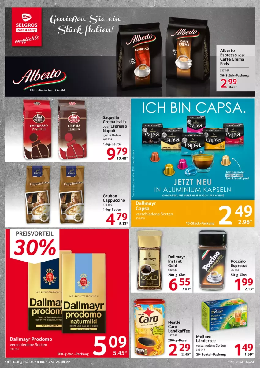 Aktueller Prospekt Selgros - Food - von 18.08 bis 24.08.2022 - strona 18 - produkty: beutel, bohne, caffe, Cap, cappuccino, cin, crema pads, dallmayr, dallmayr prodomo, eis, espresso, espresso oder, feinster spitzenkaffee, kaffee, Ländertee, LG, Meßmer, natur, ndk, oder espresso, preisvorteil, prodomo, reis, Spezi, tee