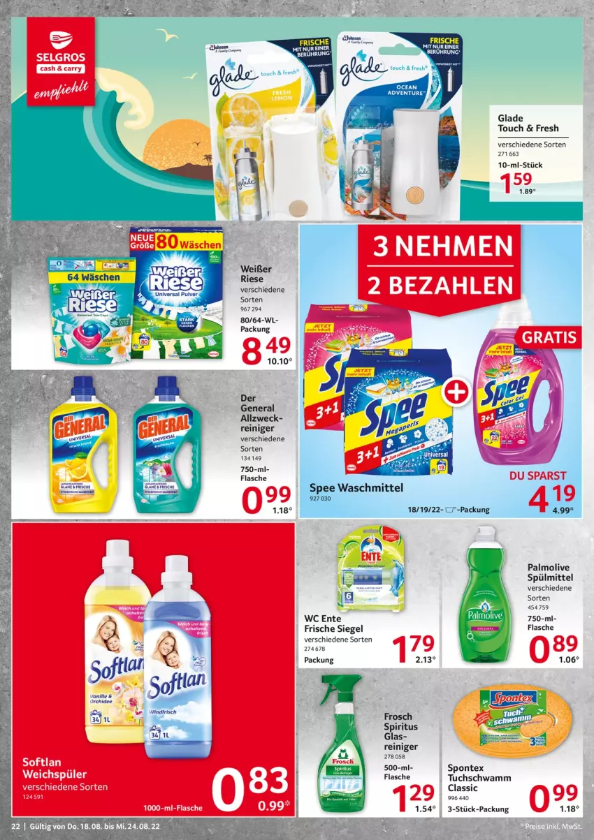 Aktueller Prospekt Selgros - Food - von 18.08 bis 24.08.2022 - strona 22 - produkty: ente, Frosch, Glade, LG, olive, palmolive, reiniger, schwamm, Softlan, spee, spiritus, spontex, spülmittel, tuc, waschmittel, wc ente, weck