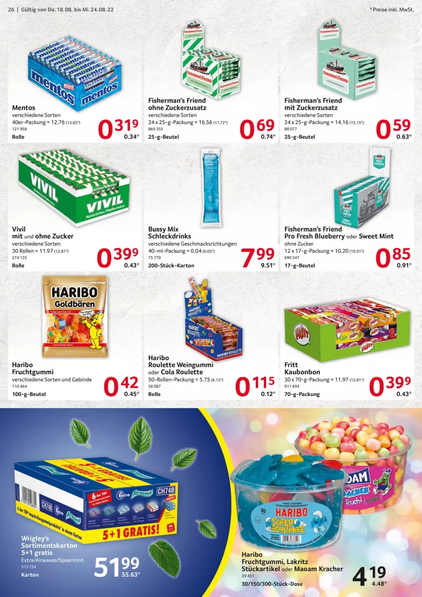 Aktueller Prospekt Selgros - Food - von 18.08 bis 24.08.2022 - strona 26 - produkty: beutel, blueberry, cola, drink, drinks, eis, frucht, fruchtgummi, goldbären, haribo, kracher, Lakritz, mac, maoam, mentos, mint, reis, Ti, wein, zucker