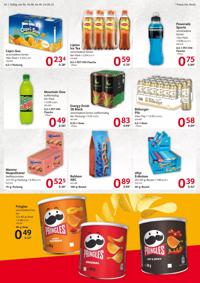 Aktueller Prospekt Selgros - Food - von 18.08 bis 24.08.2022 - strona 28 - produkty: bahlsen, beutel, bitburger, bitburger pils, burger, Cap, capri-sun, drink, eis, energy drink, erdnüsse, flasche, ice tea, lack, lipton, lipton ice tea, Manner, Mountain Dew, pils, pringles, reis, ring, schnitten, Sport, Ti, ültje, ültje erdnüsse, Waffelschnitte, Wanne