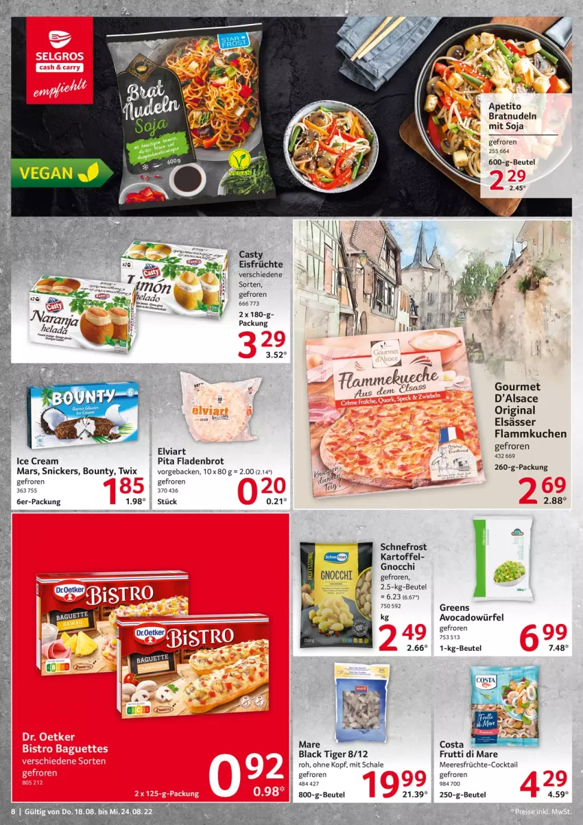 Aktueller Prospekt Selgros - Food - von 18.08 bis 24.08.2022 - strona 8 - produkty: avocado, beutel, bounty, brot, cocktail, droetker, eis, Fladenbrot, flammkuchen, früchte, geback, gin, gnocchi, kartoffel, kuchen, lack, lamm, mars, meeresfrüchte, nudel, nudeln, sac, Schal, Schale, snickers, soja, Ti, twix, würfel