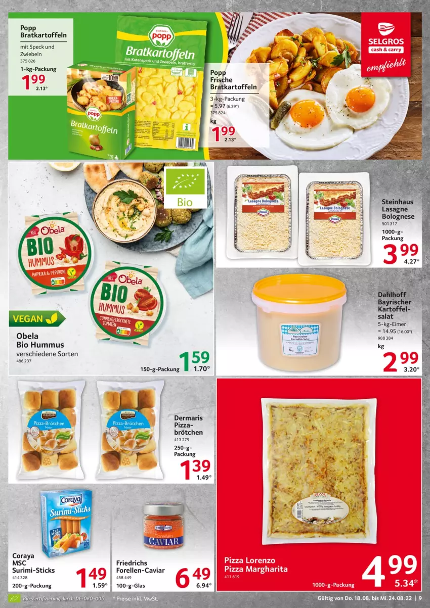 Aktueller Prospekt Selgros - Food - von 18.08 bis 24.08.2022 - strona 9 - produkty: bio, bolognese, brötchen, Caviar, eimer, eis, elle, forelle, hummus, kartoffel, kartoffeln, lasagne, LG, pizza, Popp, reis, rel, salat, Speck, Ti, zwiebel, zwiebeln