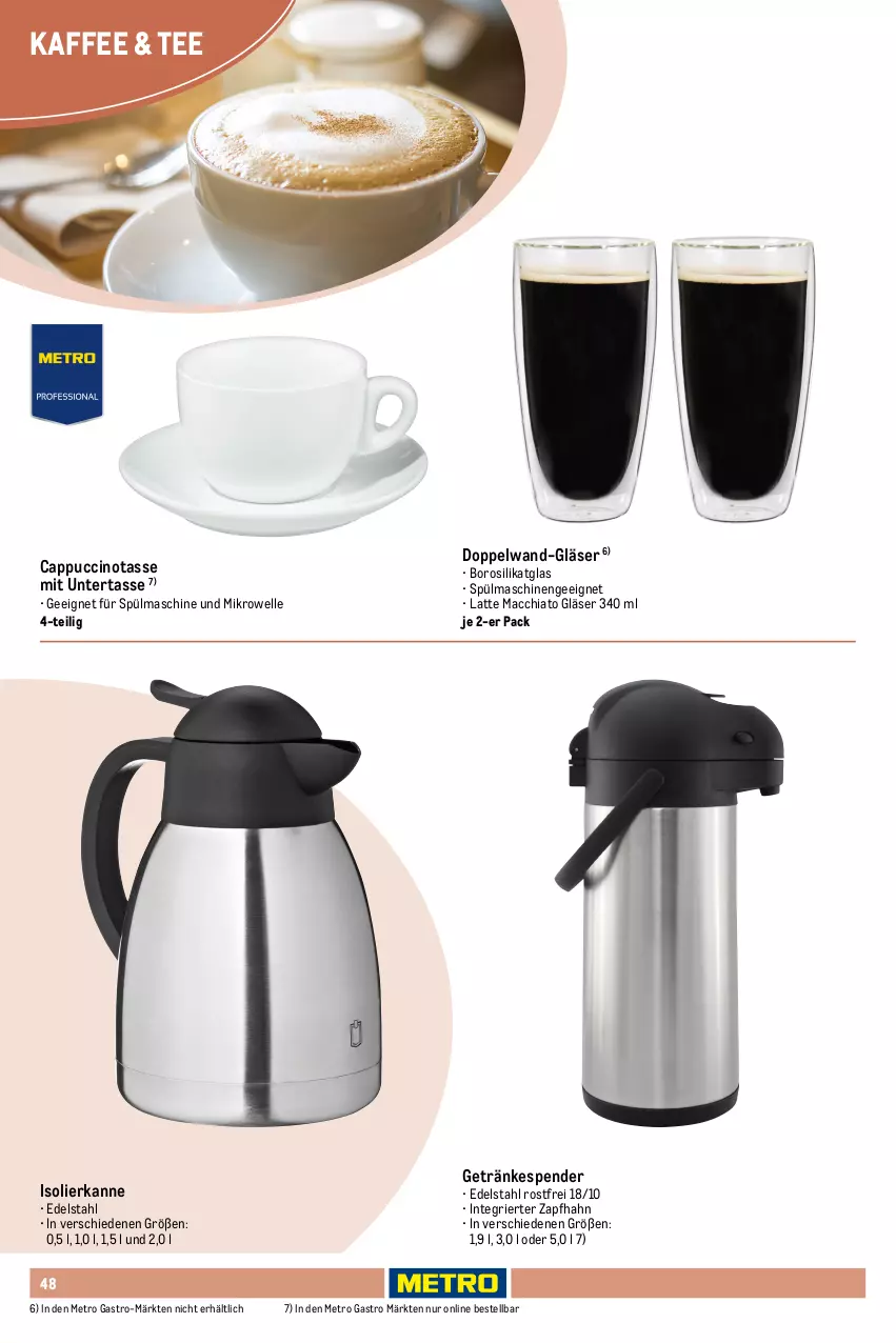 Aktueller Prospekt Metro - Non Food Sortiment - von 01.10.2025 bis 09.06.2026 - strona 48 - produkty: ACC, angebot, Cap, cappuccino, chia, cin, decke, edelstahl, elle, espresso, getränk, getränke, getränkespender, Gläser, Glühwein, isolierkanne, kaffee, latte, latte macchiato, LG, mac, macchiato, Metro, metro gastro, mikrowelle, Reinigung, spülmaschinen, tasse, tee, wein