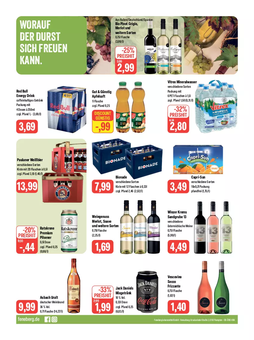 Aktueller Prospekt Feneberg - Prospekte - von 04.01 bis 05.01.2024 - strona 12 - produkty: Alwa, apfel, apfelsaft, asbach uralt, bier, bio, bionade, Cap, capri-sun, coffein, discount, drink, ecco, eis, energy drink, flasche, frizzante, getränk, jack daniel, jack daniels, krone, lebensmittel, merl, merlot, mineralwasser, Mixgetränk, nuss, Paula, paulaner, pet-flasche, pet-flaschen, pils, pilsener, Pinot, pinot grigio, premium pils, red bull, reis, saft, Ti, vescovino, vitrex, wasser, wein, weinbrand, weine