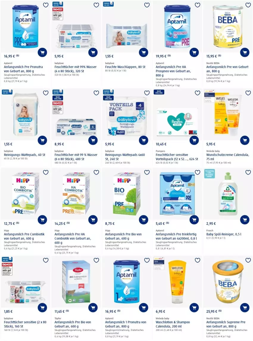 Aktueller Prospekt Dm Drogerie - Prospekte - von 31.03 bis 06.04.2022 - strona 8 - produkty: Babylove, Beba, bio, Calendula, creme, feuchttücher, Frosch, hipp, lebensmittel, Lotion, milch, pampers, reiniger, Reinigung, Schutzcreme, shampoo, Ti, tisch, tücher, waschlappen, Waschlotion, wasser, wattepads, weleda