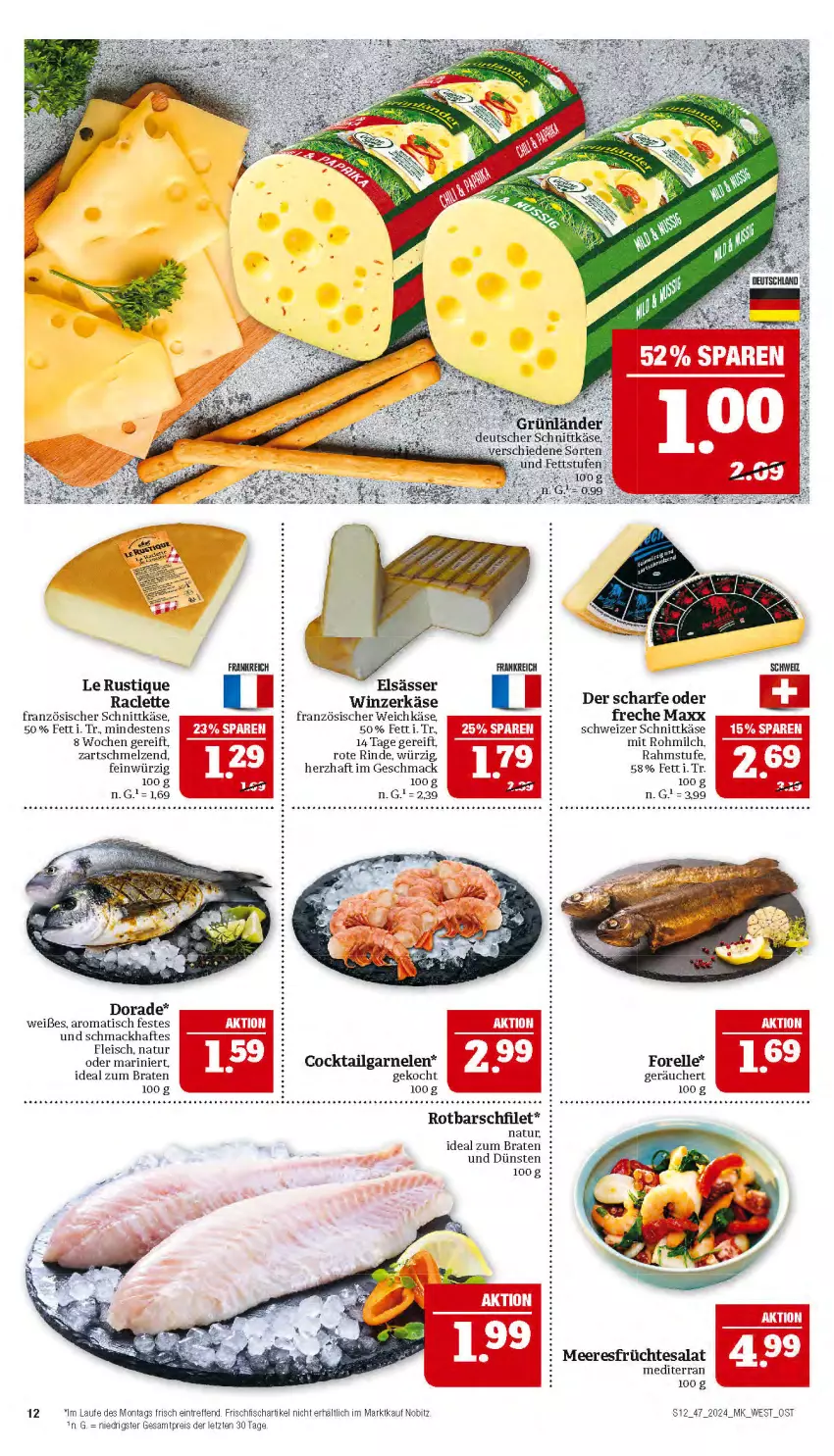 Aktueller Prospekt Marktkauf - Prospekt - von 17.11 bis 23.11.2024 - strona 12 - produkty: braten, cocktail, Dorade, eis, elle, filet, fisch, fleisch, forelle, französischer weichkäse, frischfisch, früchte, garnelen, ideal zum braten, Käse, Le Rustique, LG, mac, meeresfrüchte, milch, natur, reis, rel, rind, Rotbarsch, rotbarschfilet, salat, schnittkäse, schweizer schnittkäse, tesa, Ti, tisch, weichkäse, ZTE